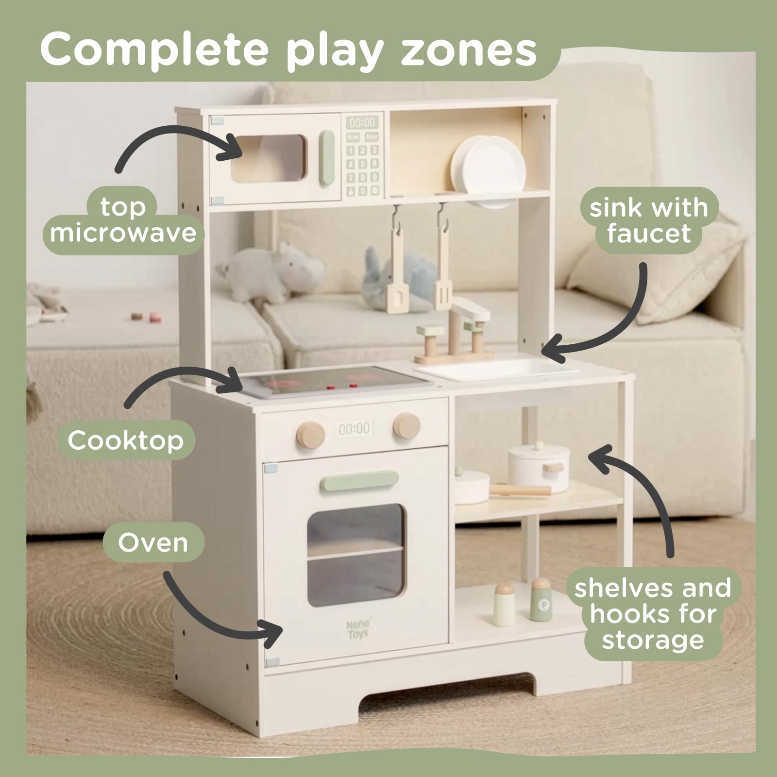 Nene Toys Drewniana Kuchnia dla Dzieci z Światłem i Dźwiękiem – Kuchenka, Zlew, Mikrofala, Piekarnik, Półki i Haczyki + Akcesoria – Montessori 3+ – Prezent dla Dziewczynek i Chłopców
