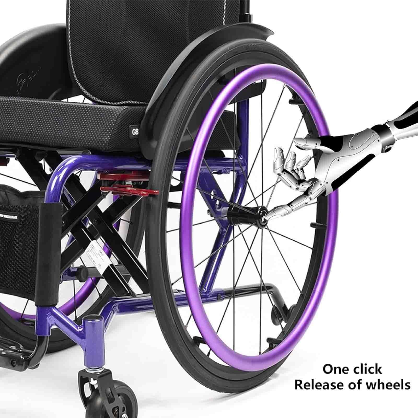 Przenośny wózek inwalidzki, składany terenowy, ultralekki, sportowy, samojezdny, ze stopu aluminium, z ręcznym napędem (fioletowy A, szerokość siedziska 40 cm/15,7 cala)