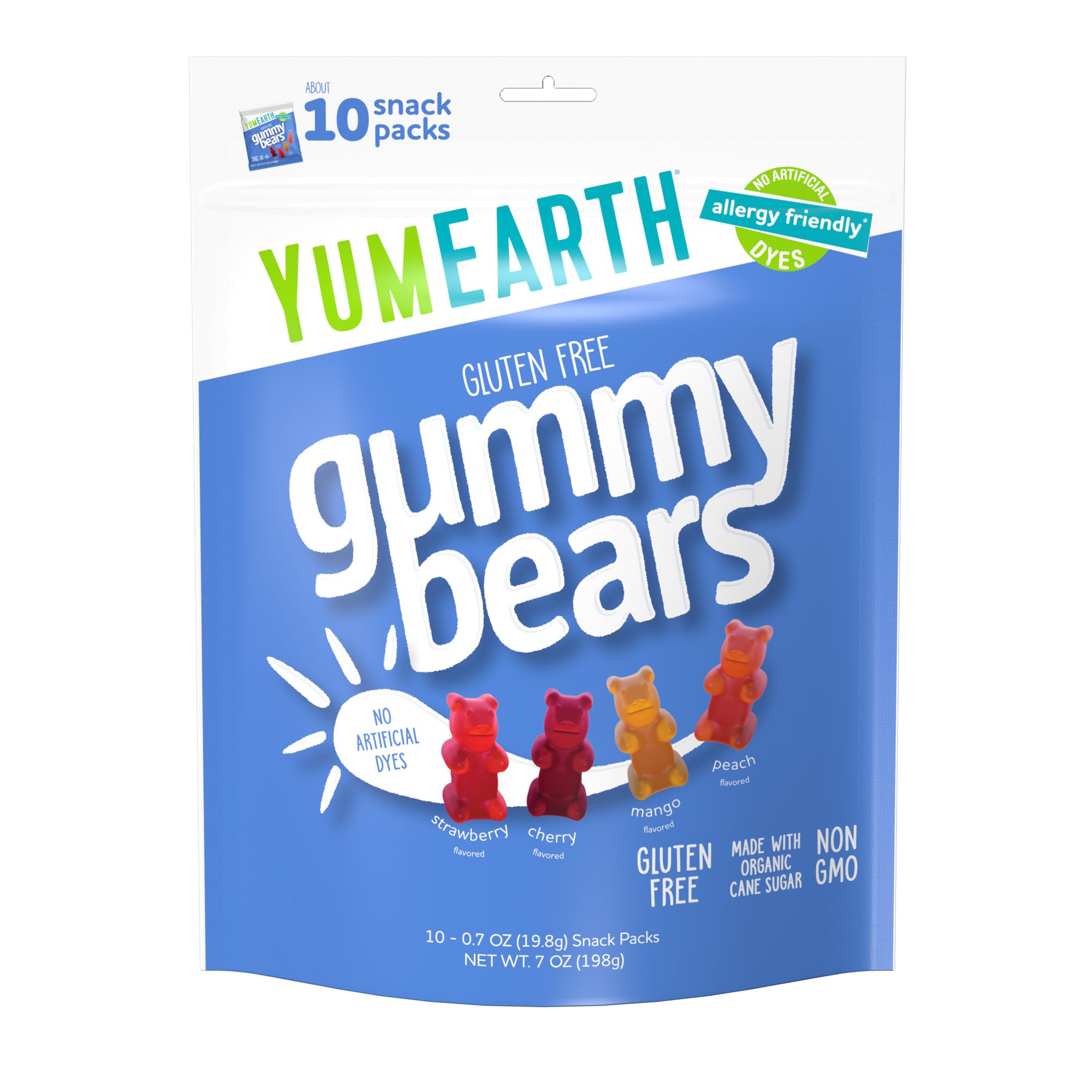 YumEarth Organic Fruit Flavored Gummy Bears, 10- .7oz. Snack Packs, Allergy Friendly, Gluten Free, Non-GMO, Dye Free