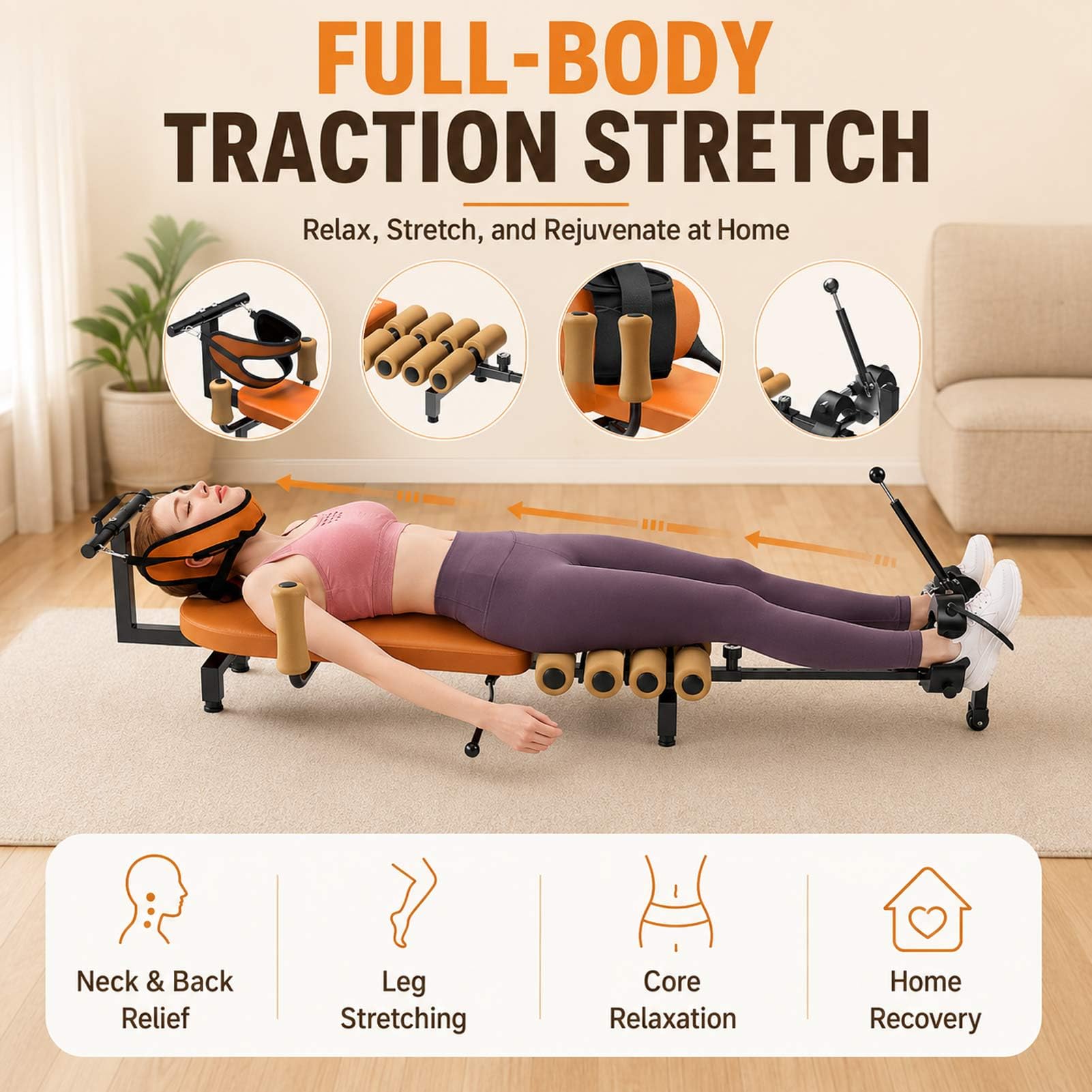 Machine de traction pour le cou et le dos, dispositif de décompression rachidienne réglable de 140 à 185 cm, civière dorsale non inversée, table de traction lombaire de 130 kg pour la relaxation à la