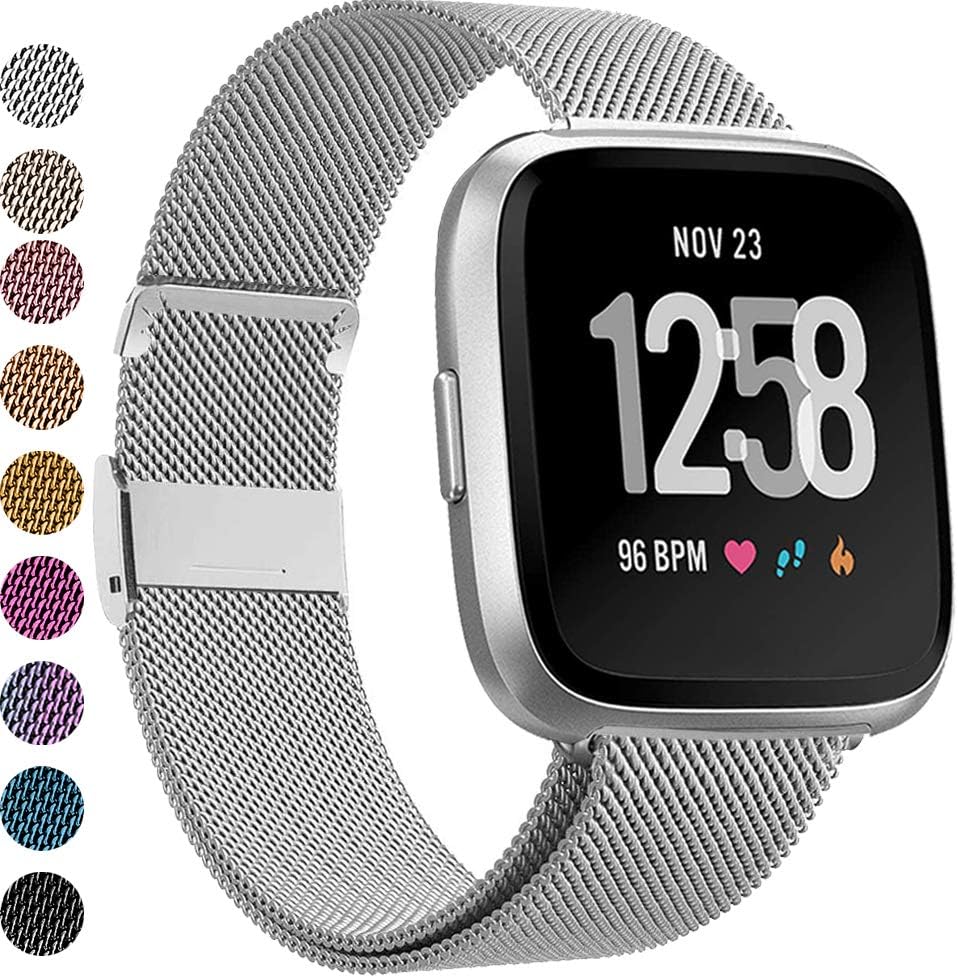 MEFEO Compatible with Fitbit Versa Bands, Stainless Steel Metal Band Mesh Bracelet with Strong Magnet Lock Wristbands Replacement for Fitbit Versa/Versa 2/Versa Lite/SE (Silver, Small)