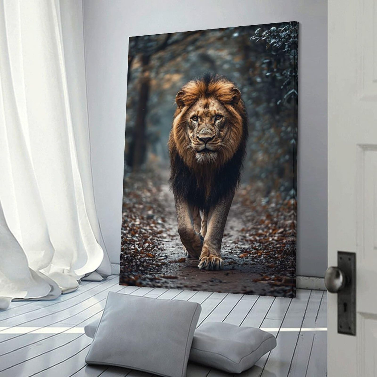 Junmoney Majestic Lion Walking Through Forest Path Decorative Wall Artwork, 20x30inch(50x75cm), for New Homes, Bedrooms Or Workspaces, Gift Idea for Housewarming And Birthdays
