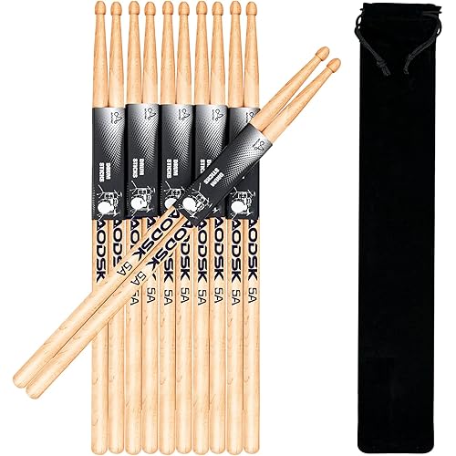 AODSK Drum Sticks 5A Classic America Maple Wood Tear Drop Tip Drumsticks Anti-Slip,Suitable for adults and children with storage Bags-6 Pairs