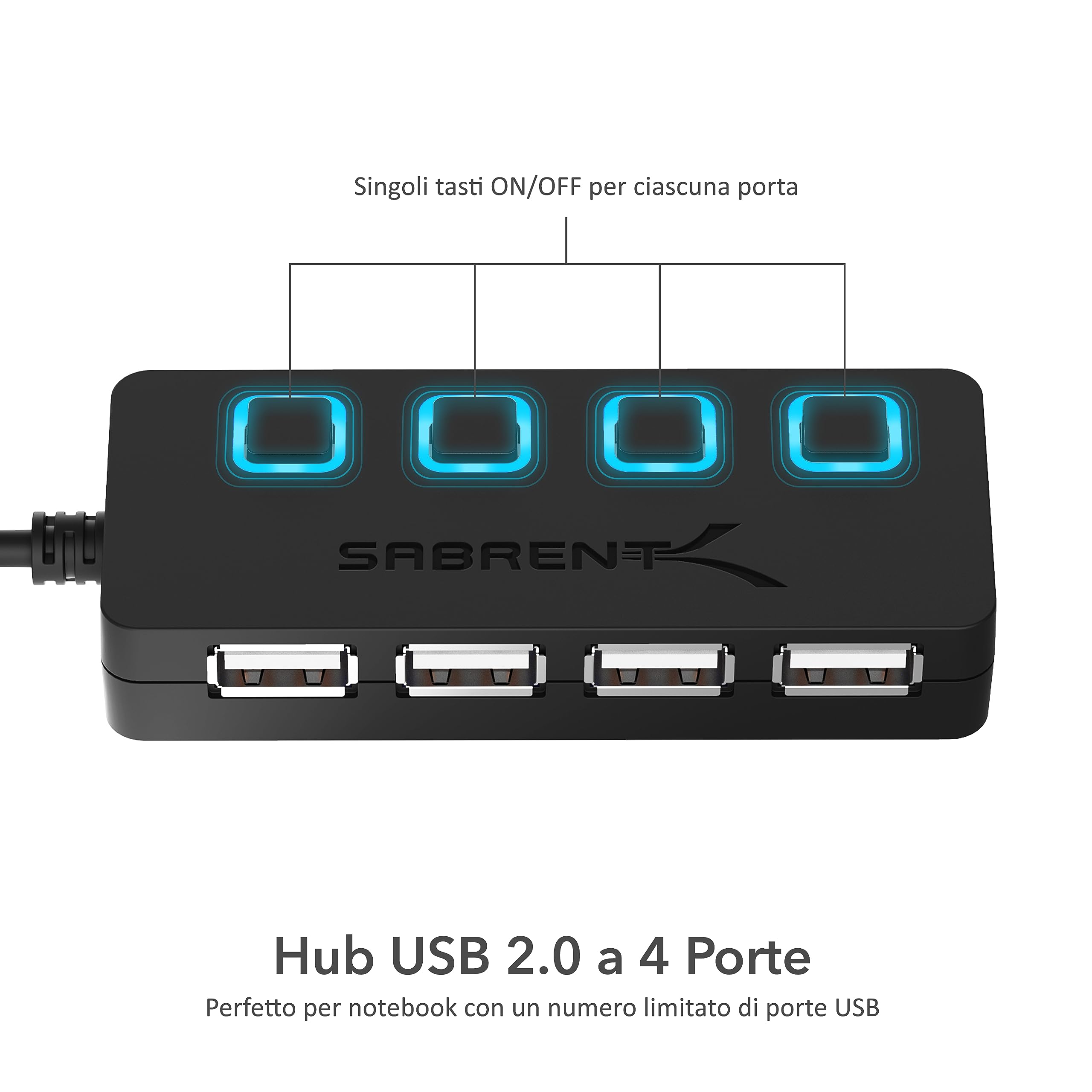 Sabrent Hub USB 2.0 a 4 Porte con Interruttori di Alimentazione singoli e LED (HB-UMLS)