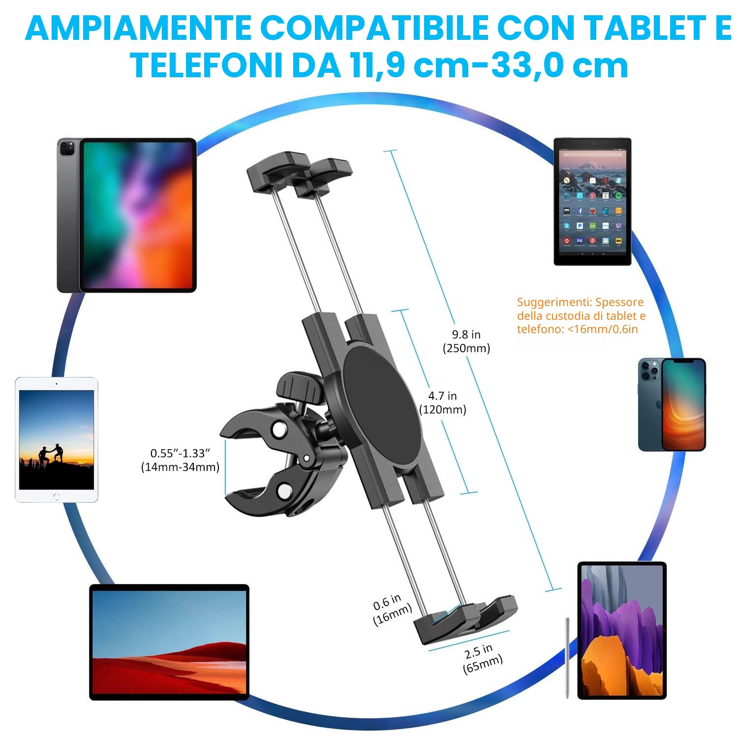 Supporto Tablet per Spin Bike, Supporto per Telefono e Ipad per Manubrio Cyclette