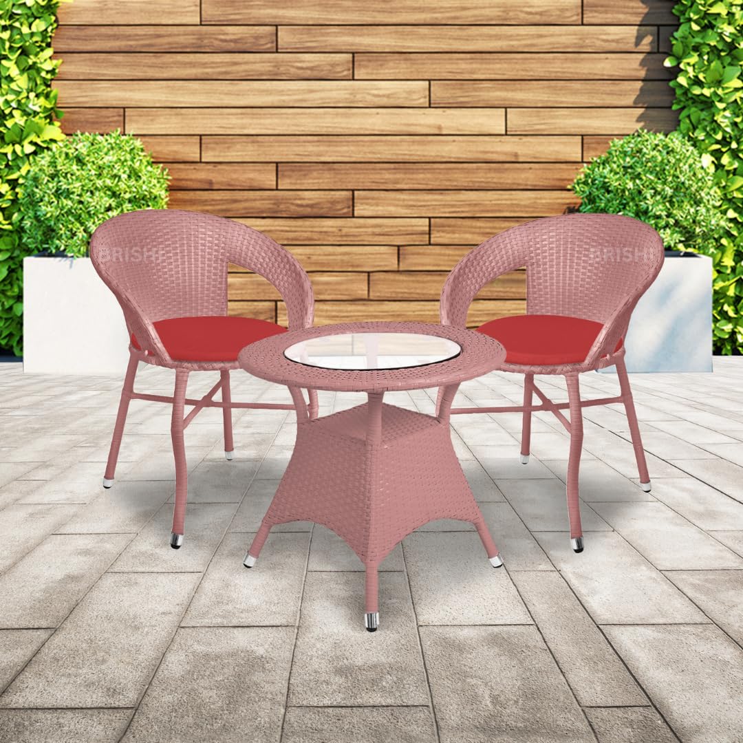 BRISHI 3-Piece Outdoor Rattan Wicker Patio Coffee Table Set with Red Cushion | Garden Furniture for Balcony, Terrace, Poolside & Porch | Waterproof Bistro Sets for Home (Light Brown)-image-22