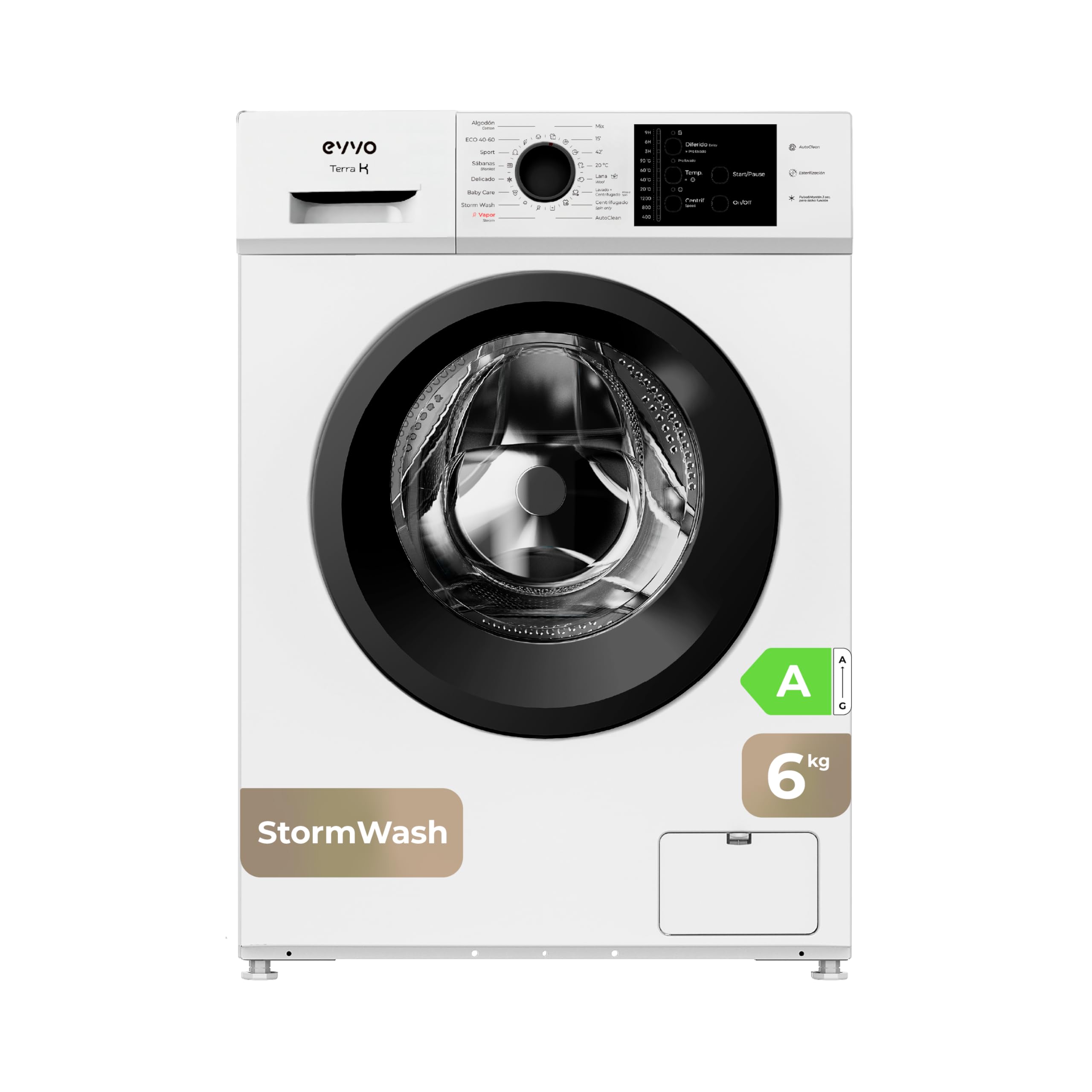 EVVO Lavadora Carga Frontal TERRA K, Capacidad 6 Kg, Motor Inverter Silencioso, Función Vapor Antialergias, 1000 RPM, Clase A, Fondo Estrecho 44 cm