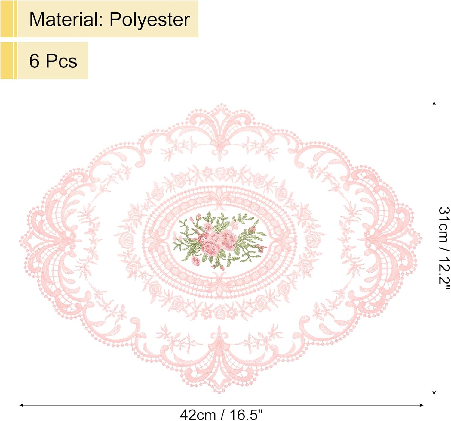 uxcell 6Pack Retro Lace Placemat 12x16-in Oval Embroidered Table Place Mats French Crochet Doilies Coasters Cup Mat for Home Wedding, Pink