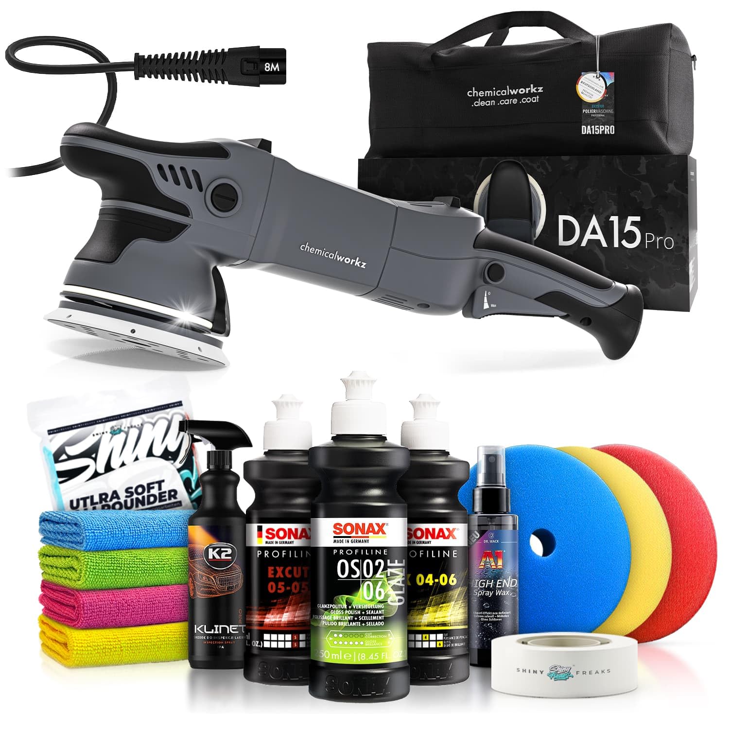 Poliermaschinen Set: chemicalworkz DA15 Pro Exzenter Poliermaschine + Sonax Politur Set + Royal Pads Premium Polierpads + Dr. Wack Lackversiegelung + Zubehör | 14-teilig