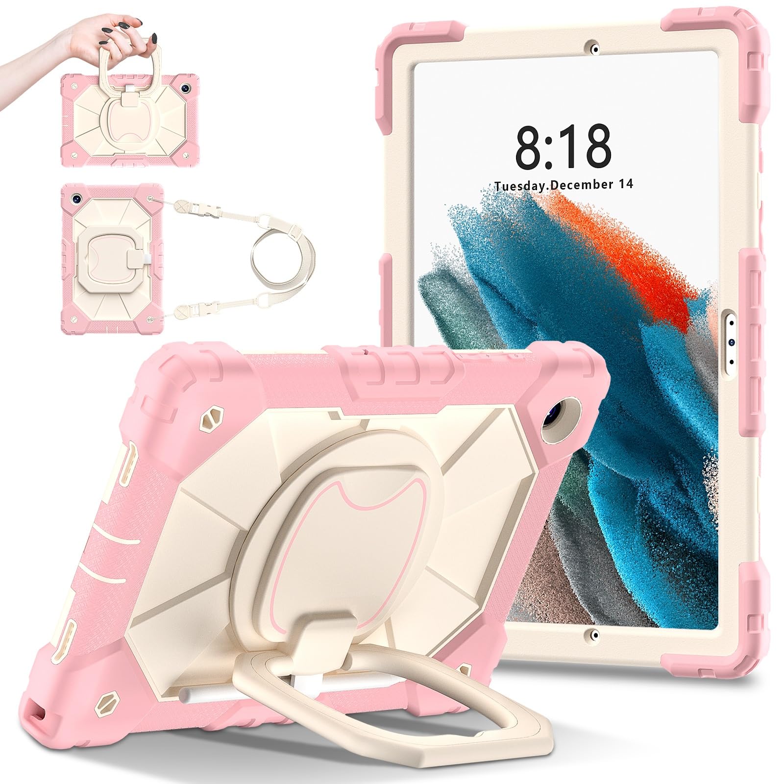 Pełne etui ochronne do Samsung Galaxy Tab A8 etui 26.7 cm (SM-X200/X205), solidne, odporne na wstrząsy, etui ochronne W 360 obrotowa podpórka + pasek na rękę + pasek na ramię (różowe złoto + beż)