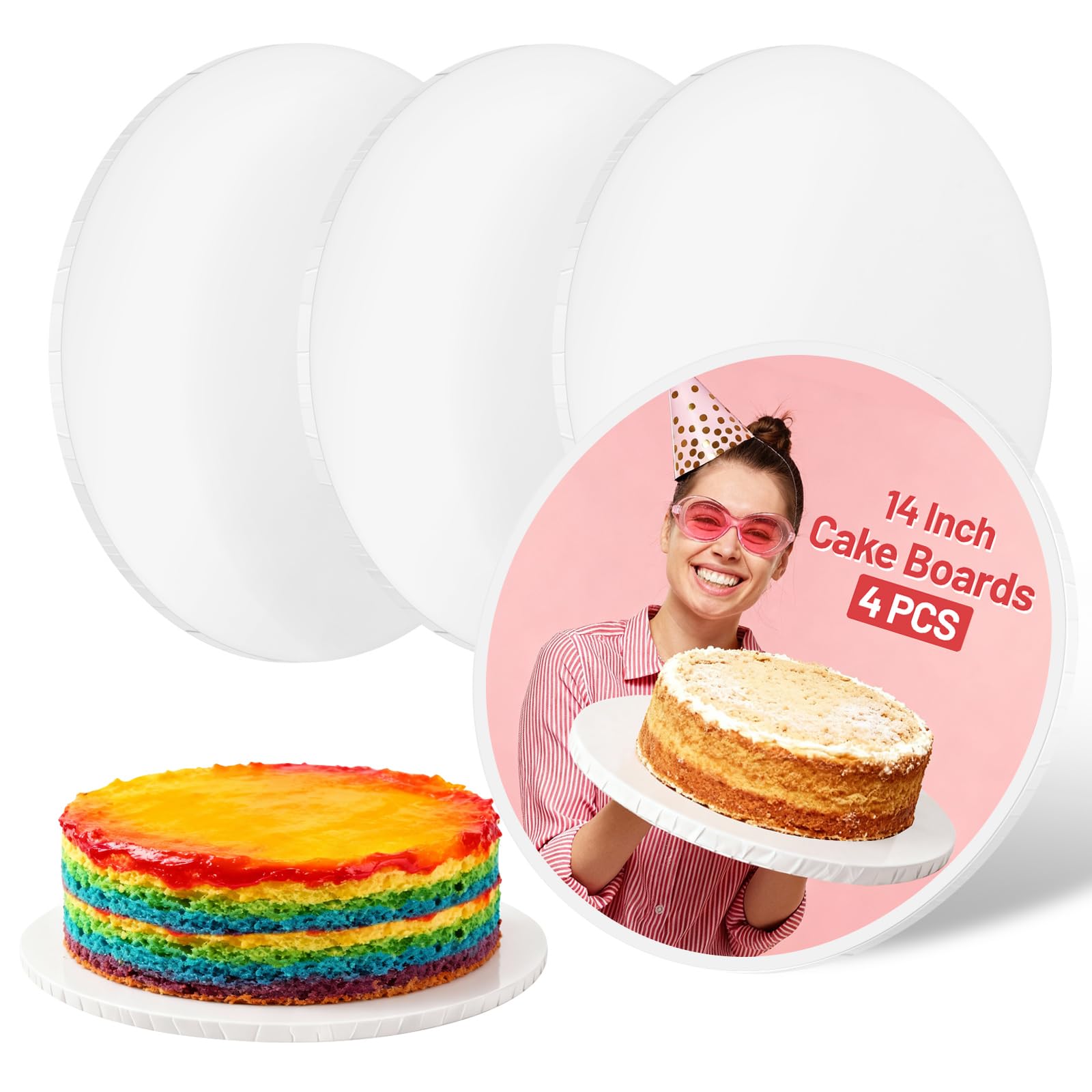 Photo 1 of 14 Inch Round Cake Drums - 4 Pack 14inch Cake Boards, 1/2 Inch Sturdy Cake Base Board with Corrugated Edges for Birthday Wedding Party Baking Display