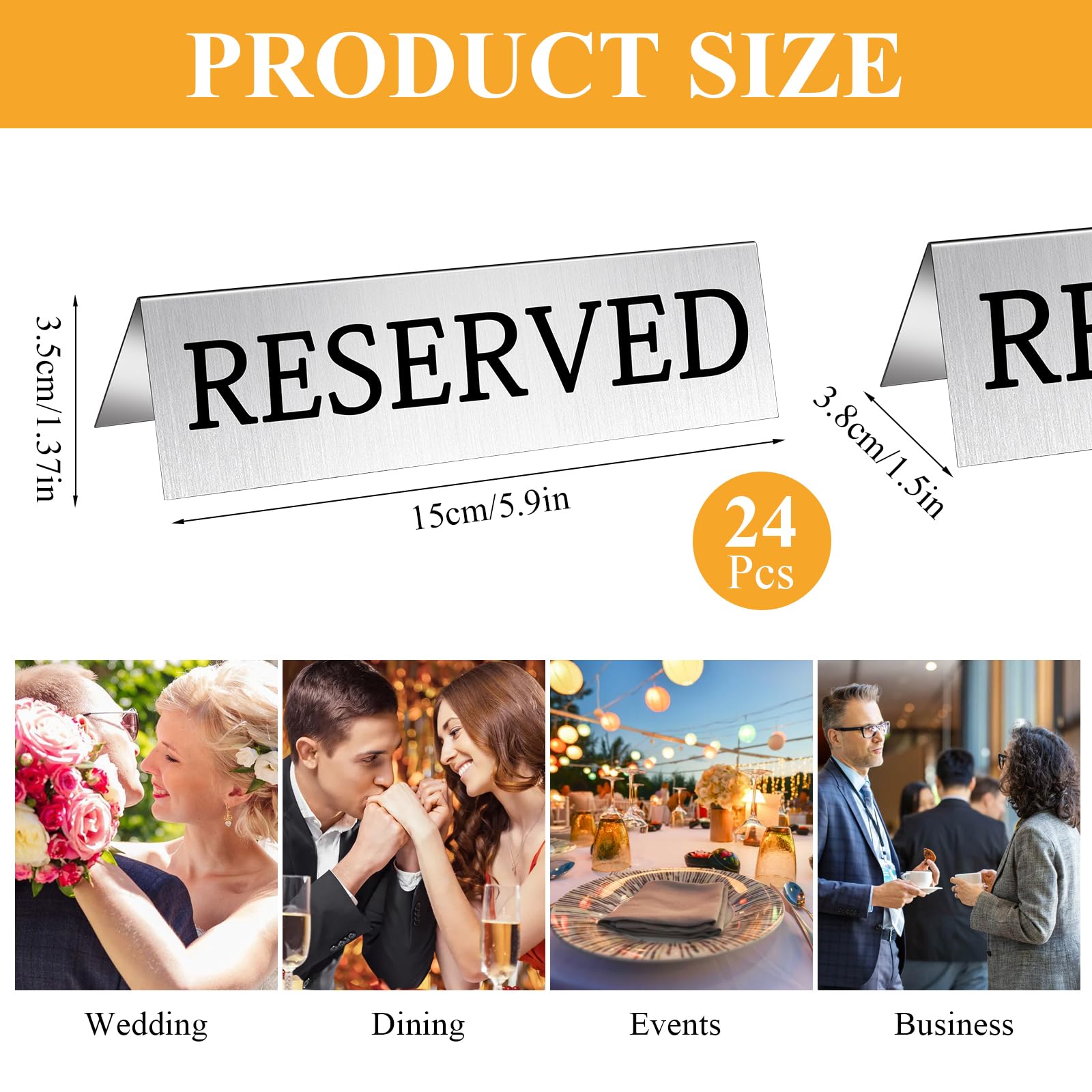 24 letreros de mesa de metal reservados, letrero plateado para restaurantes, tienda de campaña de doble cara, letrero de asiento de mesa de reserva de invitados para bodas, fiestas, ceremonias