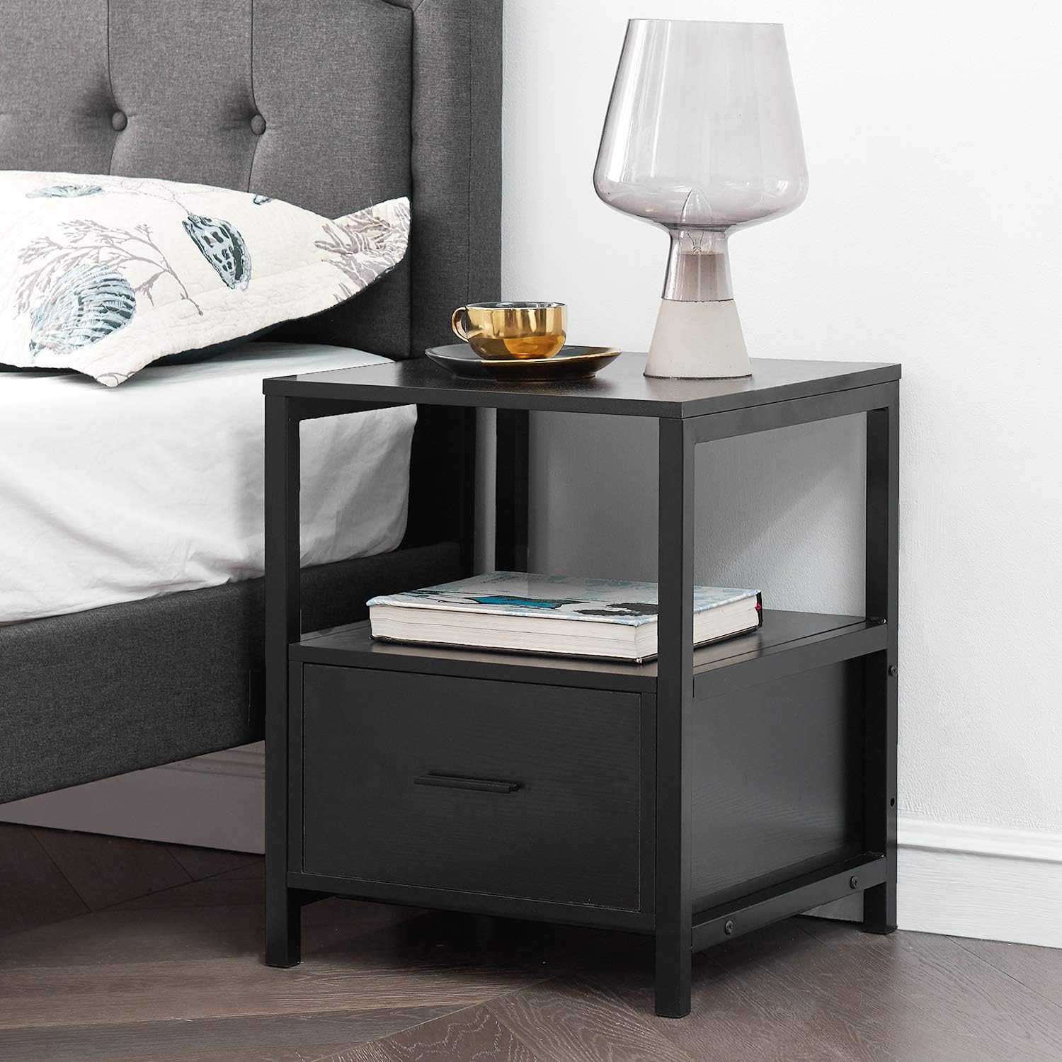 VECELO Nightstand with Drawer and Open Shelf Modern Square End Side Table for Storage in Bedroom, Living Room, Small Space, Stable Metal Frame, 1 Pack, Black : Home & Kitchen
