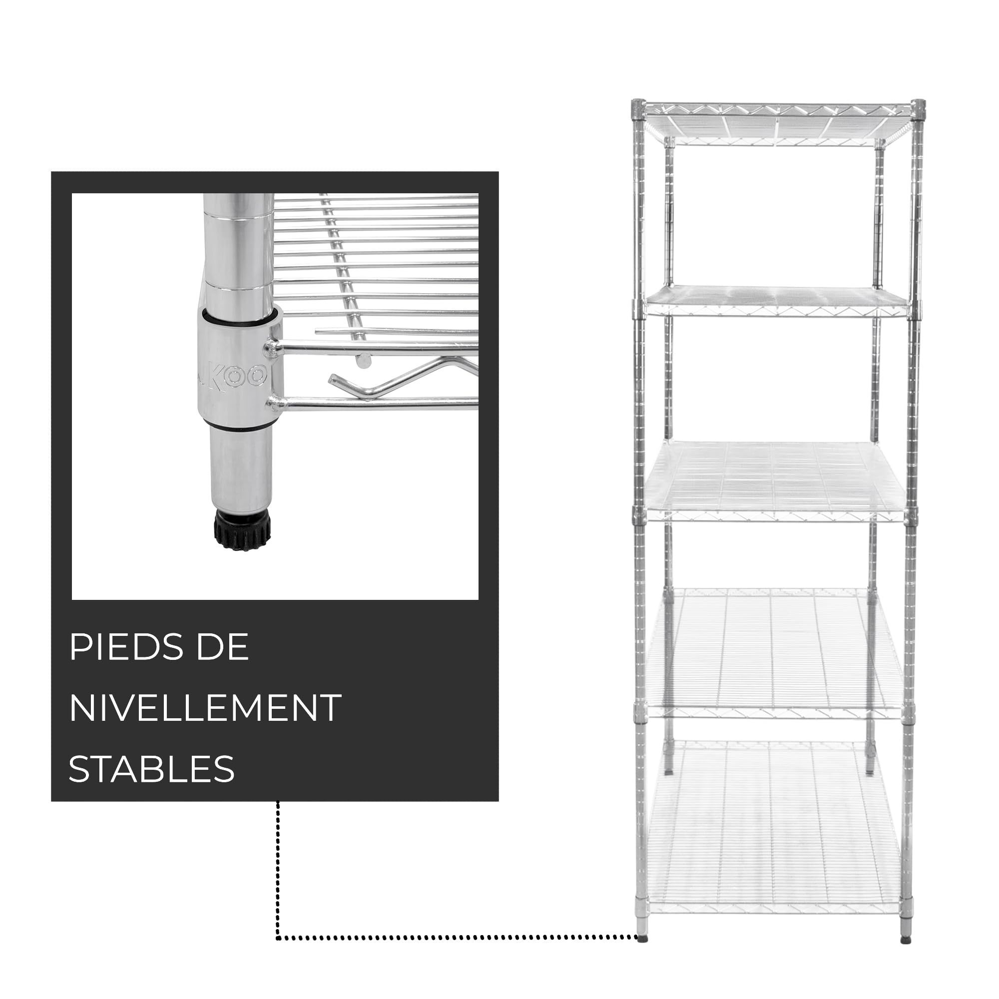 KuKoo Etagère en Fil d'acier Chromé 1000KG - 60 x 120 x 180cm - Pied de Nivellement - Rangement Garage, Cuisine, Atelier, Entrepôt, Organisation Rayonnage - 5 Niveaux Ajustable - 100% sans Boulons