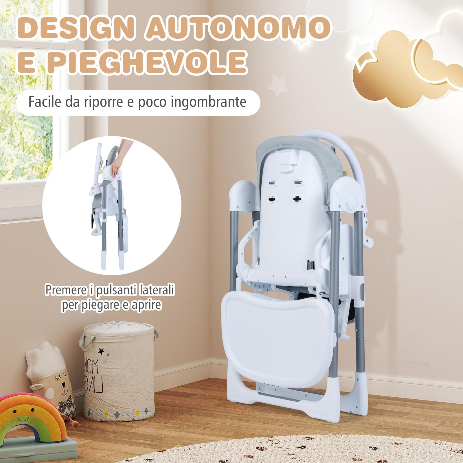 COSTWAY Seggiolone Pappa Portatile, con Altezza Regolabile, Schienale Reclinabile e Vassoio Rimovibile, Seggiolone Evolutivo Pieghevole con Cintura e 2 Ruote, per Bambini 6-36 Mesi (Grigio Chiaro)