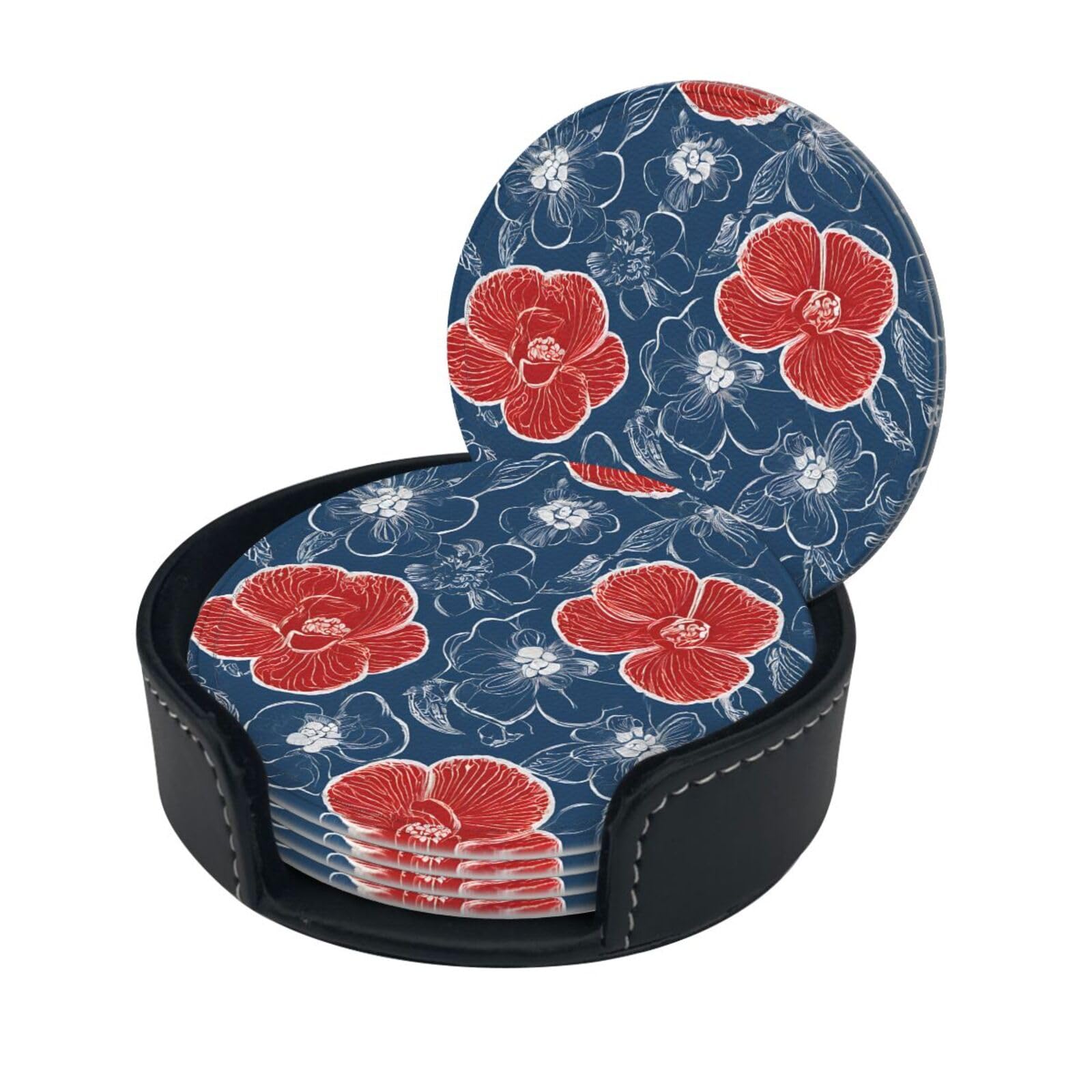 Hawaii Pink Flower Print Coaster,Round Leather Coasters with Storage Box for Wine Mugs,Cold Drinks and Cups Tabletop Protection (6 Piece)