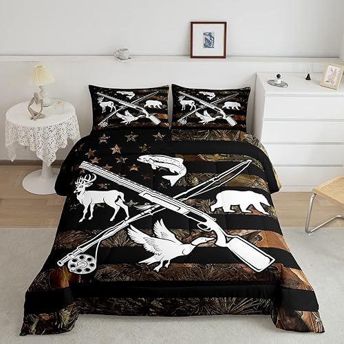 Huntinig And Fishing - Juego de edredón para niños y hombres, juego de ropa de cama con bandera estadounidense de camuflaje, árboles rústicos,