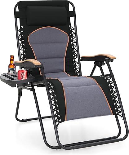 Sophia & William Silla acolchada de gravedad cero de gran tamaño, silla plegable con reposabrazos ancho y soporte para tazas, soporta 400 libras,