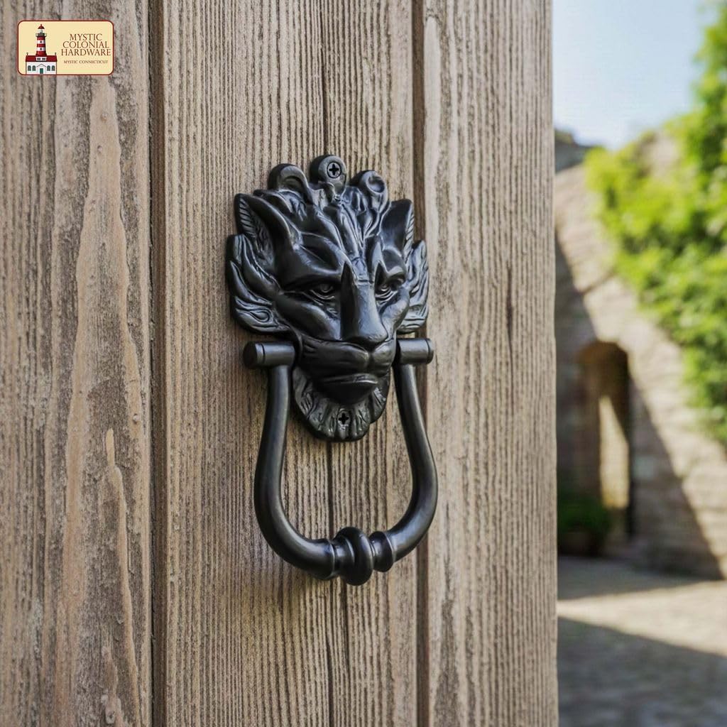 Mystic Colonial Medieval Cast Iron Lion Head Door Knocker 1 Pc - 8 in × 4.5 in (20.3 cm × 11.4 cm) Vintage Rustic Front Door Hardware | Decorative Medieval Entry Knocker with Mounting Screws