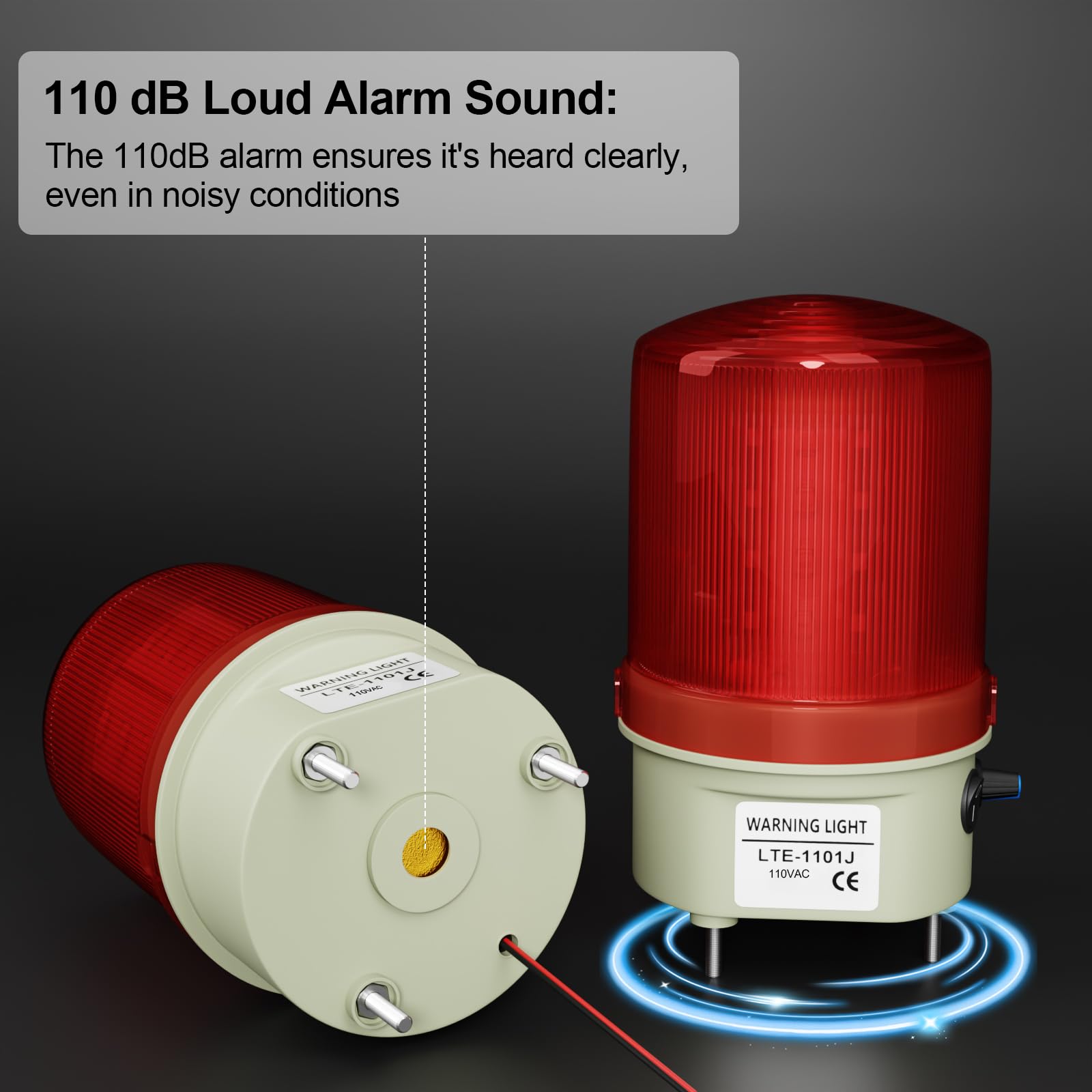Luz LED de advertencia estroboscópica giratoria industrial, alarma de sonido y luz de 110 V CA con perilla e interruptor, volumen ajustable de 105-110 dB, luz roja de alarma de emergencia para uso en