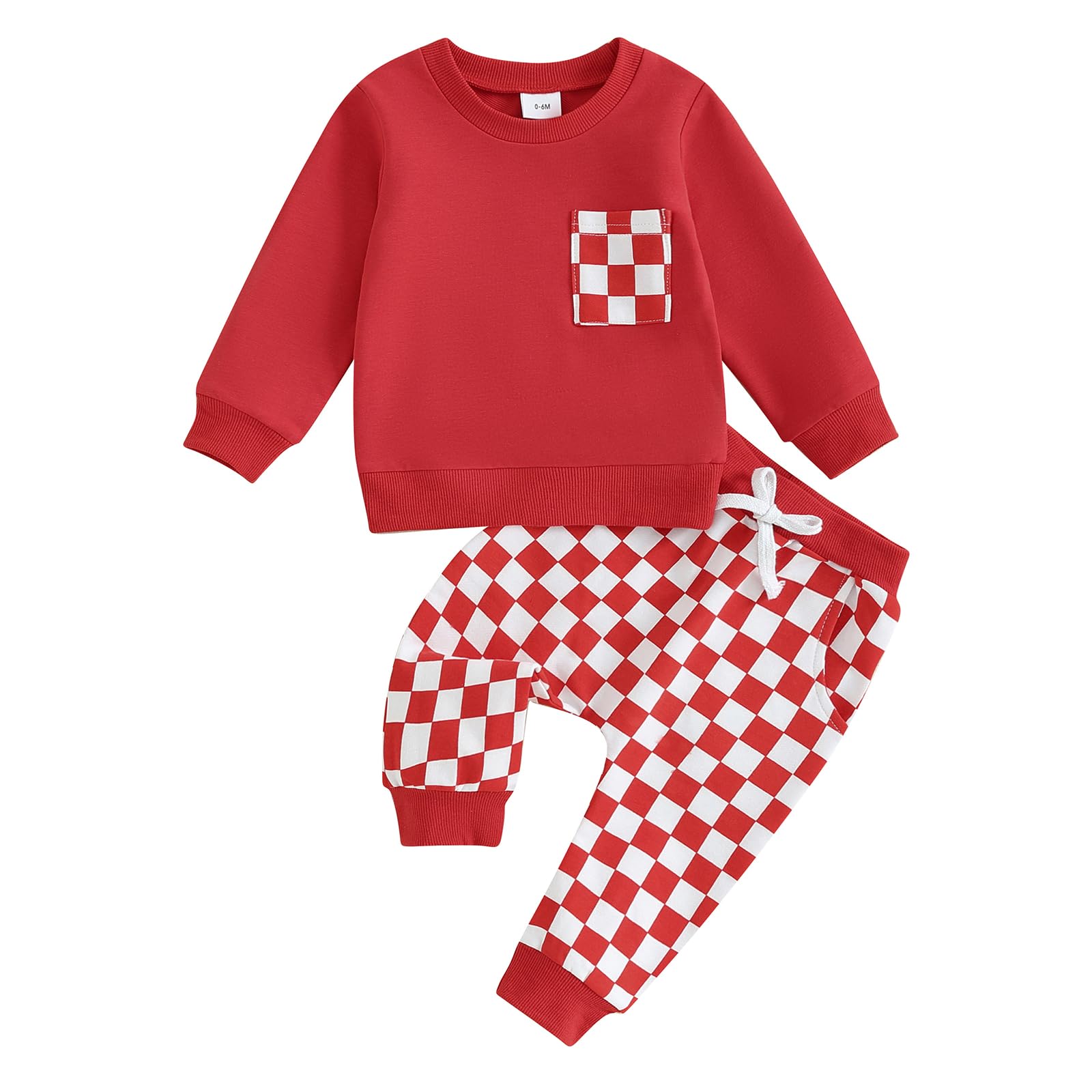 SHIBAOZI Baby Boy 2 Piece Outfits Plaid Long Sleeve Sweatshirt with Pocket and Elastic Pants for Toddler Fall Clothes (Red)