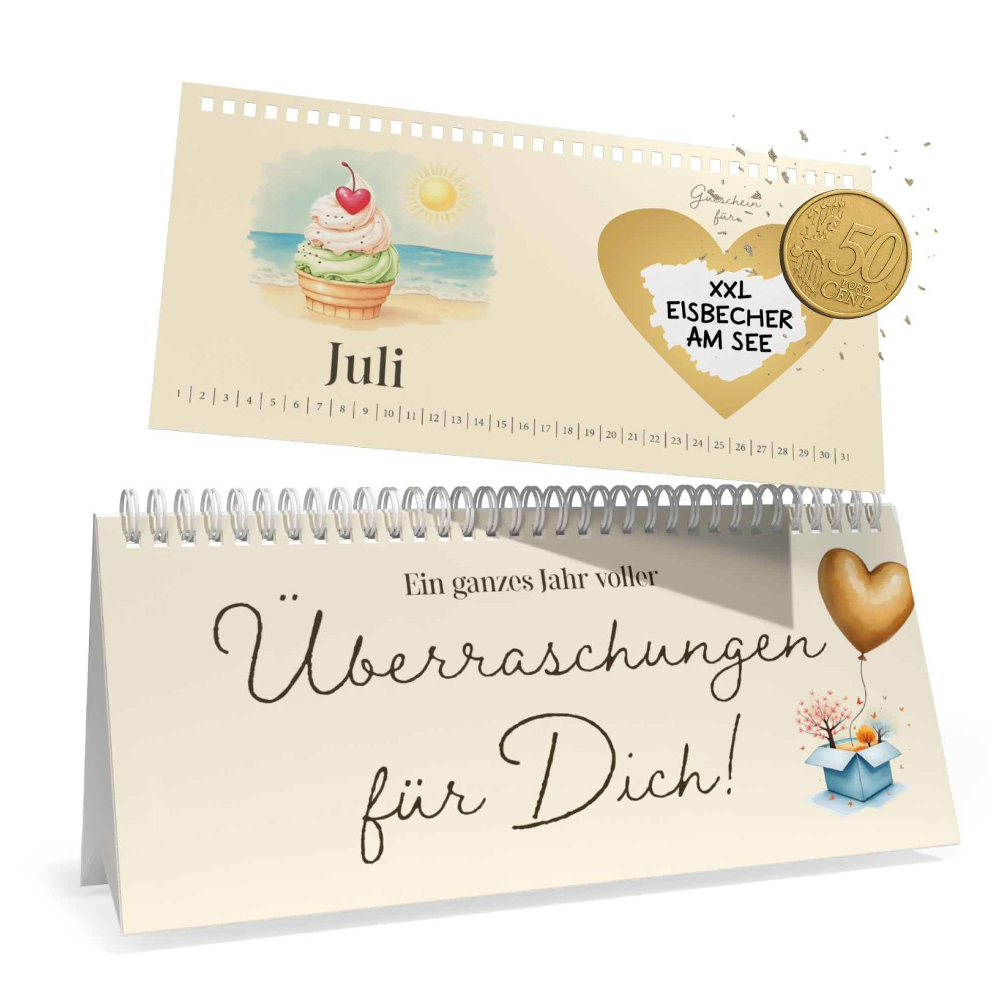 Gutscheinkalender für Paarzeit und Dates, Tischkalender DIN Lang mit 12 Seiten und Rubbelaufkleber, neutraler Kalender, Gutscheine zum selber ausfüllen, Gutscheinbuch Kalender