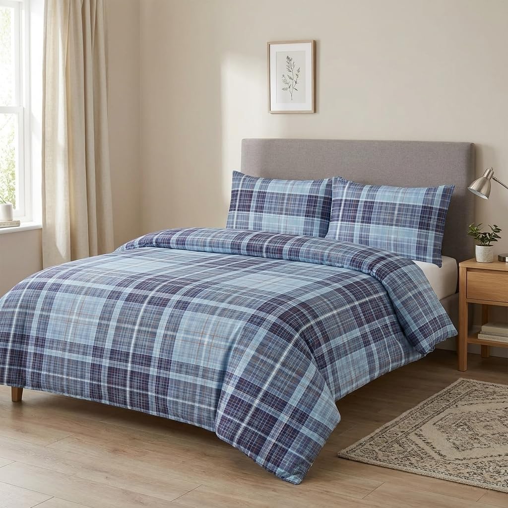 M&J Home 3 Piece Double Duvet Cover Set, Blue Check, Polycotton Blend 132 Thread Count, OEKO-TEX Certified, Easy-Care, Includes Duvet Cover & Pillowcases