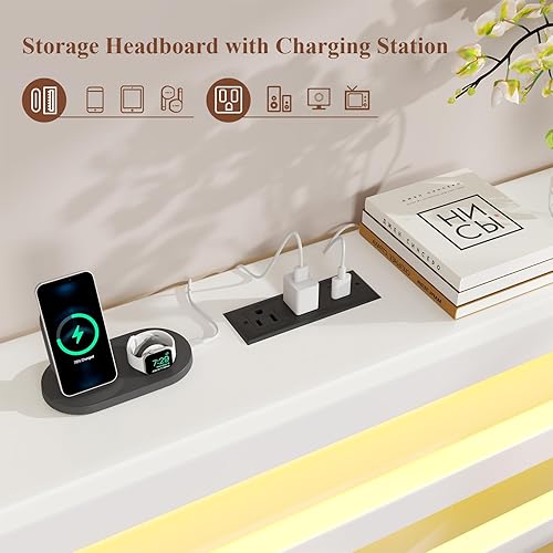 Miniatura 3 de Marco de cama tamaño Twin con cabecera de almacenamiento, cama plataforma industrial con estación de carga y luces LED, espacio de almacenamiento