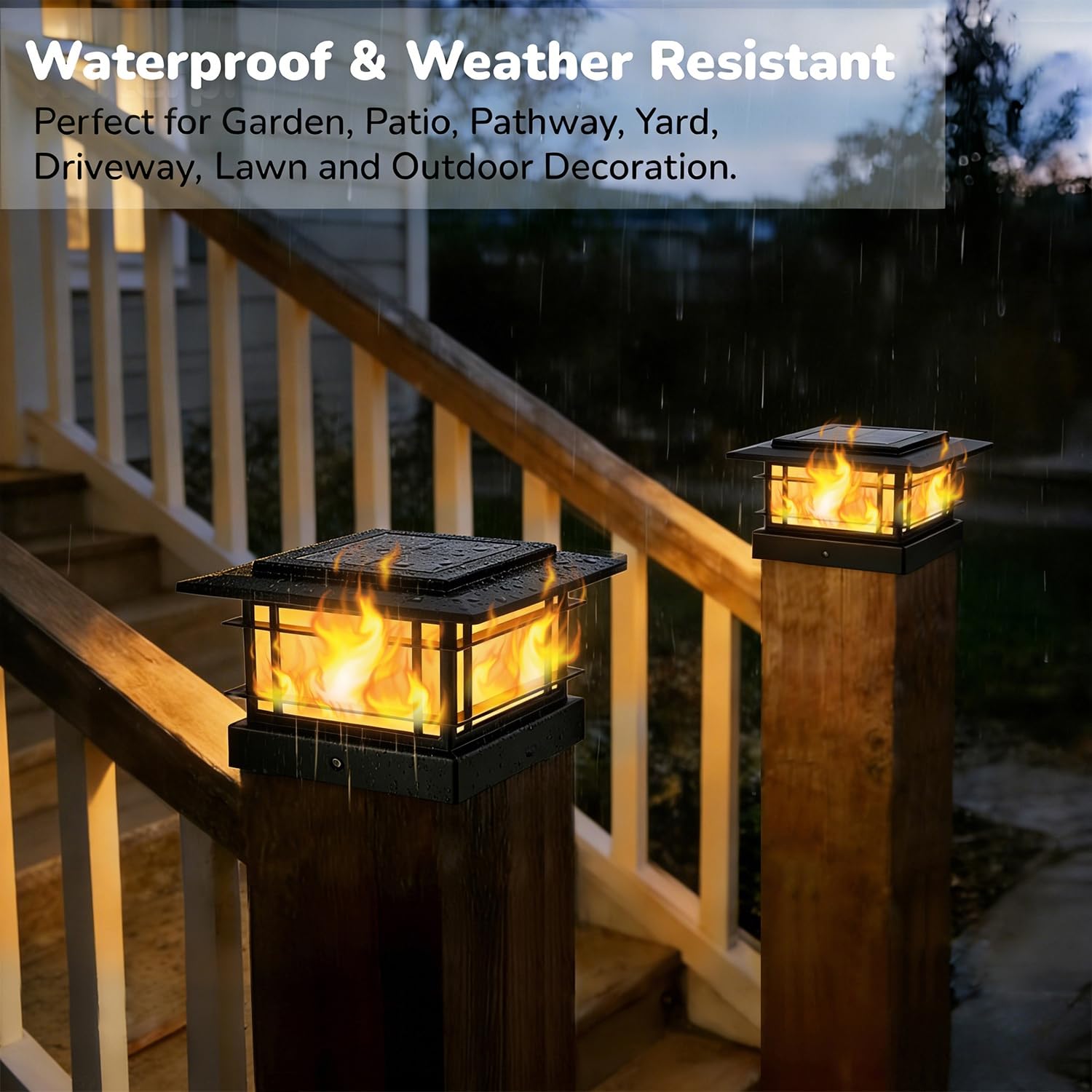 Dynaming 6 Stück Solar Flamme Post Lichter außen, Solar Powered Zaun Post Cap Lichter, hohe Helligkeit flackernde Flamme SMD LED Beleuchtung Dekor für Garten Deck Terrasse, 4 x 4, 5 x 5 oder 6 x 6