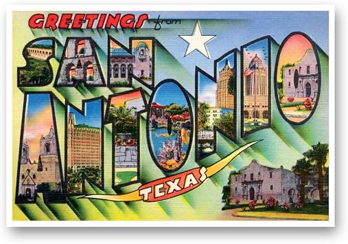 GREETINGS FROM SAN ANTONIO, TX vintage reprint postcard set of 20 identical postcards. Large Letter San Antonio, Texas city name post card pack ca. 1930s-1940s. Made in USA.