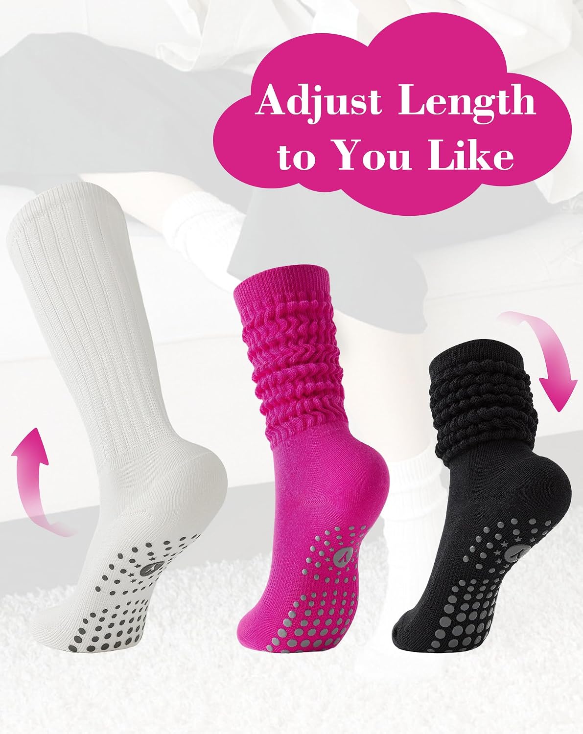 Yawlsow Pilates Socks with Grips for Women Yoga Ruffle Grippy Non Slip Long Slouchy Scrunch Socks for Barre Workout Hospital
