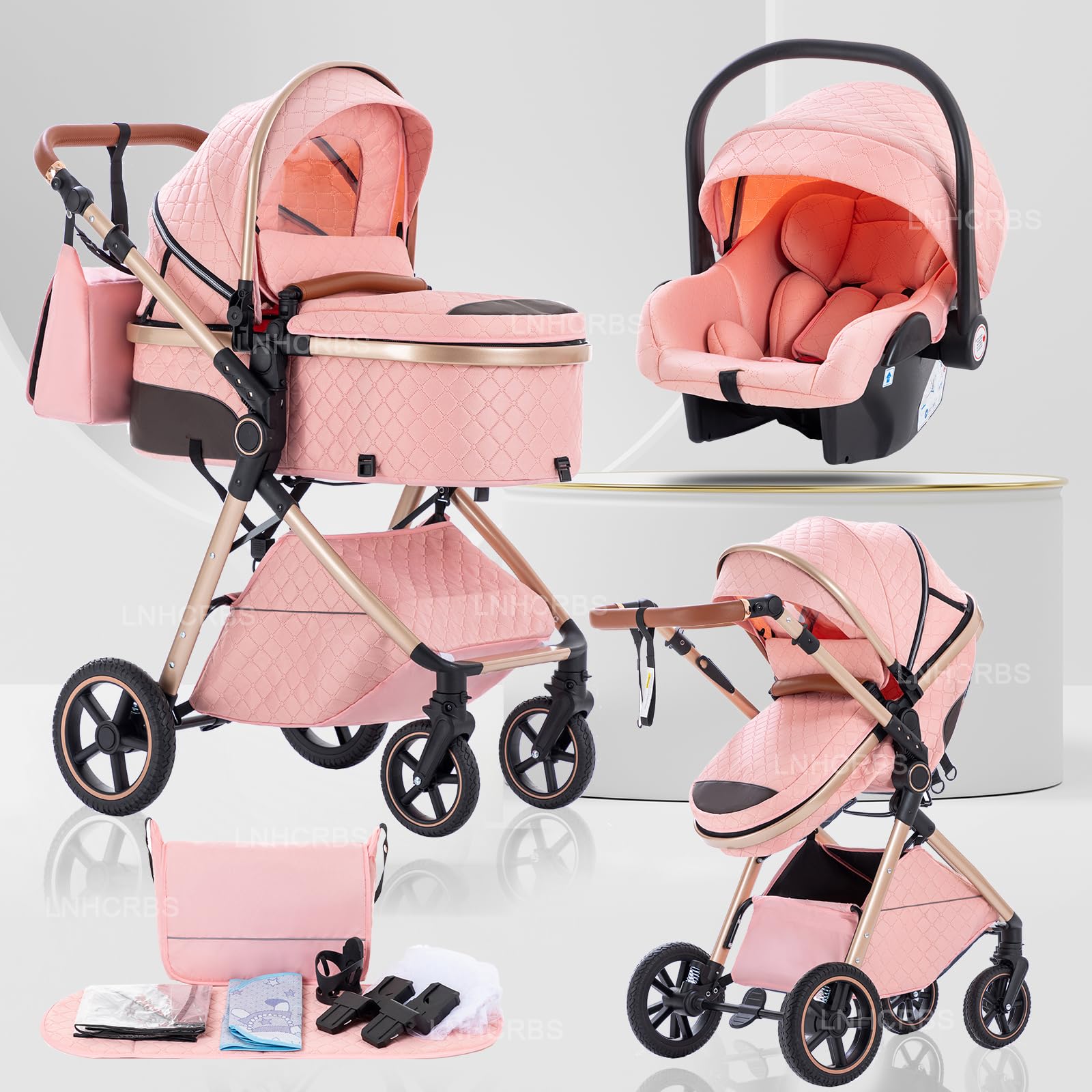Lnhcrbs Baby Stroller 3 in 1, Travel Pushchair‘s Lie-Flat Pram is Foldable, Stroller System Handle is Adjustable, The Wheels are Made of PU Material, Suitable for 0-3 Years-Pink