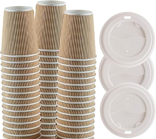 Tazas de café desechables con tapas, tazas de papel de 10 onzas, pared ondulada aislada, paquete de 50