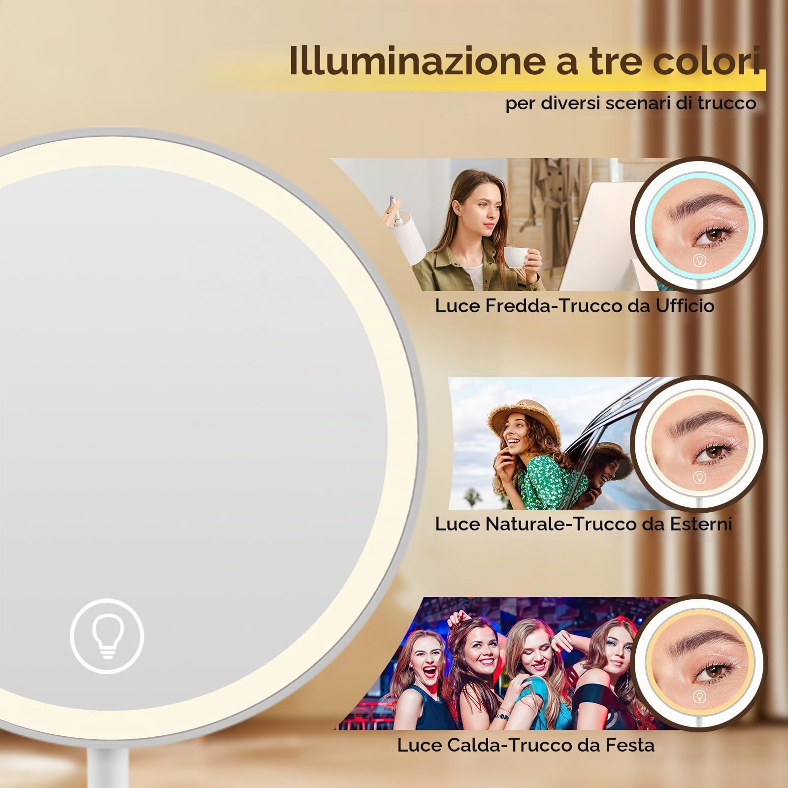 Cuteefun Specchio Trucco con Luci, Specchio Ingranditore Magnetico 5X con Cassetto, 3 Colori di Luce, Touch Screen Dimmerabile, USB Ricaricabile, Ideale per Camera da Letto, Tavolo di Vanità, Bianco