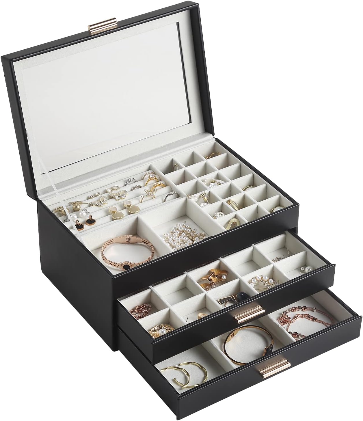 CASEGRACE Jewelry Box for Women, 3 Layer Double Drawer Jewelry Organizer Glass Lid, Large Jewelry Display Case for Necklace Bracelet Earrings Rings Storage for Dresser, Black
