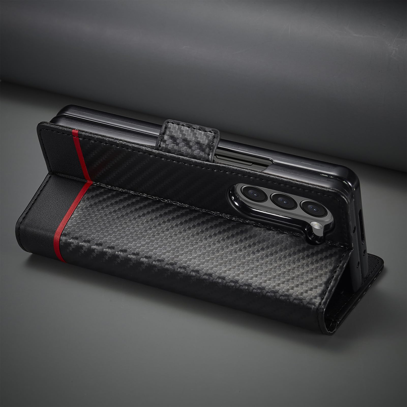 Custodia A Portafoglio For Samsung Galaxy Z Fold 8 Ultra, Pelle Con Texture In Fibra Di Carbonio Chiusura Magnetica Cover Con Patta E Funzione Di Supporto Fondina Di Protezione
