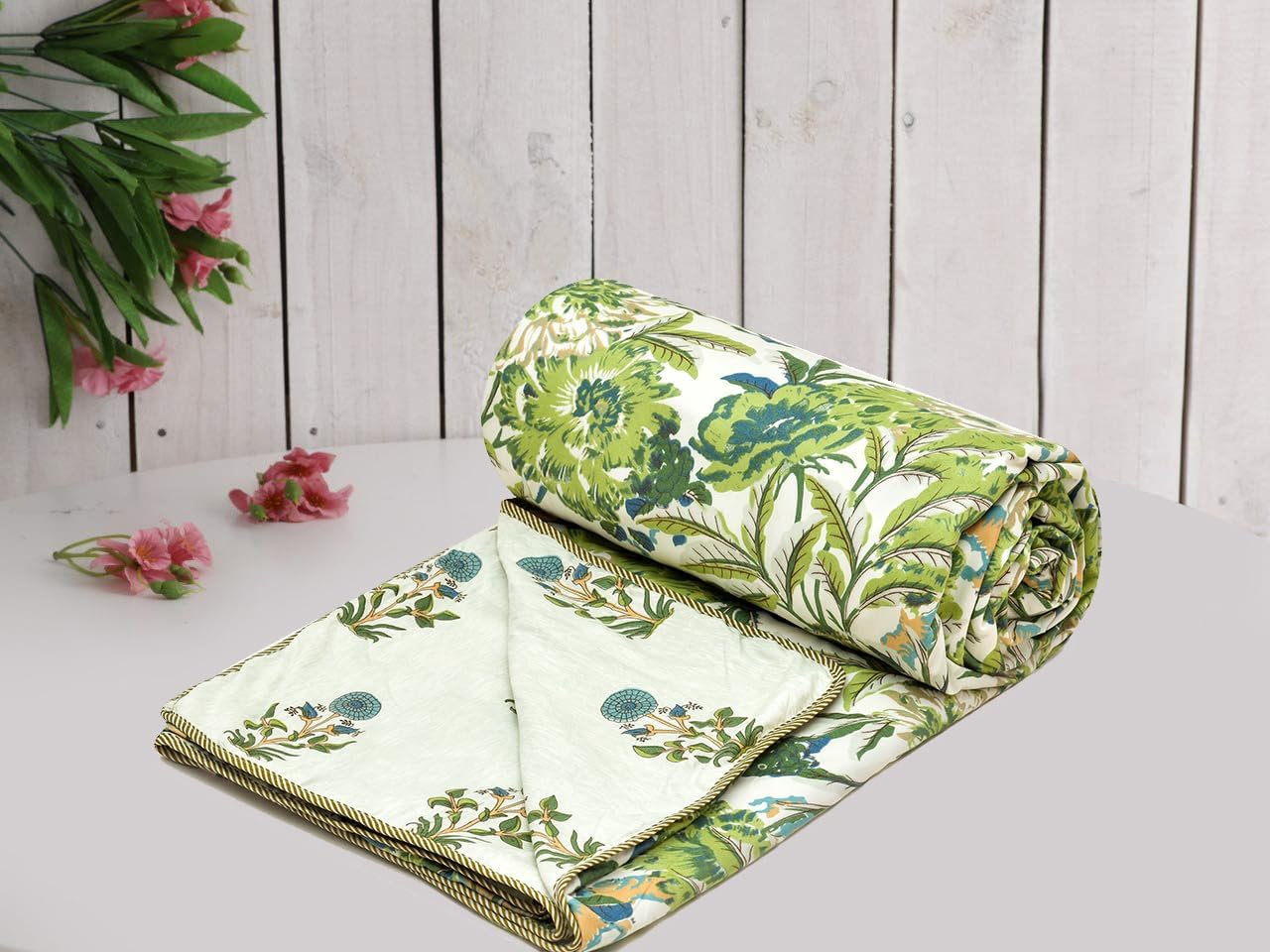 COZY FURNISH Super Soft Brushed Microfiber Cotton 3 Layer Breathable Double Dohar Lightweight Bed Dohar 84X96(Inches) 213X243(CM) Flannel Dohar Throws for Bed (Green Flower)| TC - 144