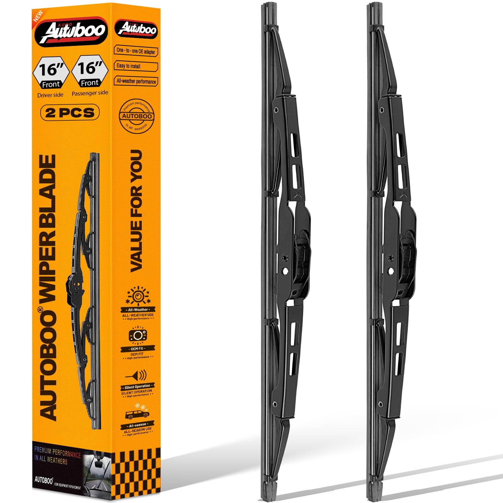 AUTOBOO 16"+16" Wiper Blades Replacement for Jeep Wrangler JL Front Windshield wipers 2024 2023-2018- Original Factory Quality (Pack of 2)