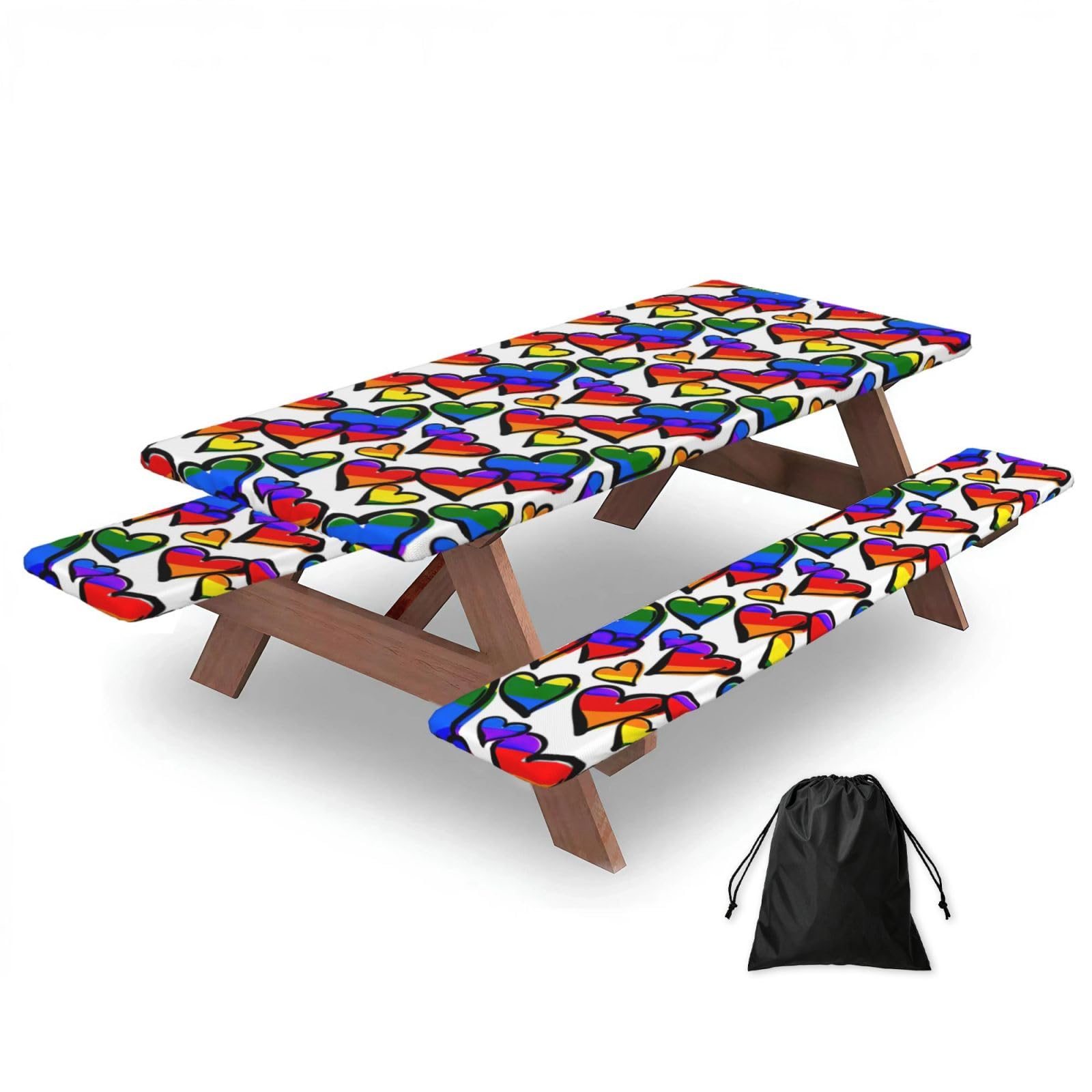 Zyjhyy Black Rainbow Colored Gay Pride Hearts Print Party Table Covers With Bench Covers Set Of 3 Picnic Table Cloth Wipe Clean For Garden Camping