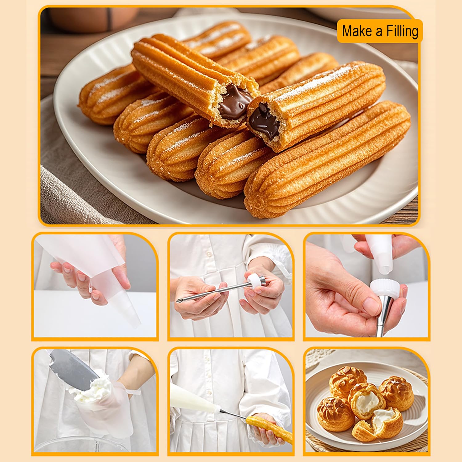 Machine a Churros,Presse a Biscuit,28 Pièces en Acier Inoxydable de Haute Qualité, avec 9 Buses et 12 Pochoirs,Presse à Biscuits et Décoration de Gâteaux pour la Cuisson à la Maison