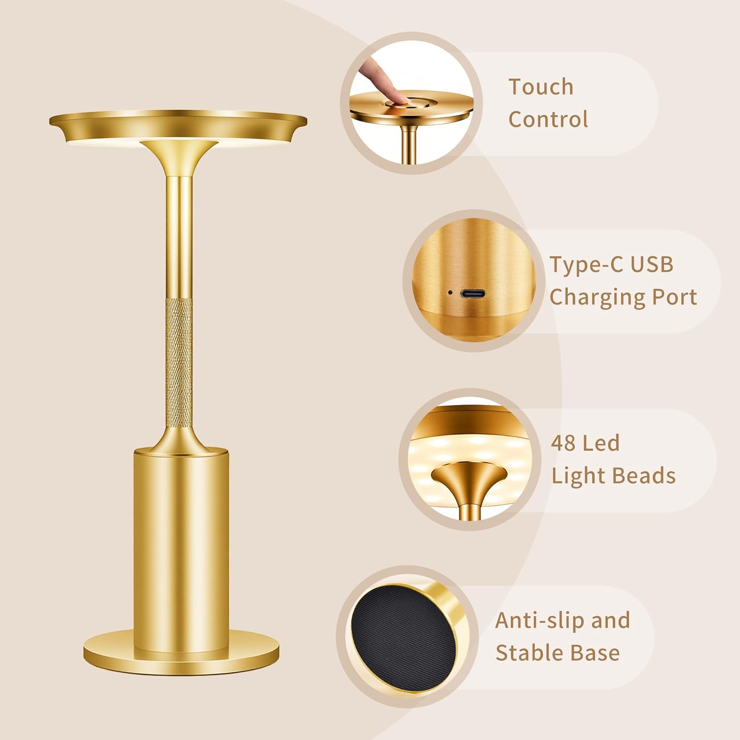 Rechargeable Cordless Table Lamps, 2 Pack 6000mAh Battery Table Light, 3 Color Stepless Dimming,LED Table Light with Memory Function, Suit for Restaurant/Dinner/Patio/Outdoor (Gold)