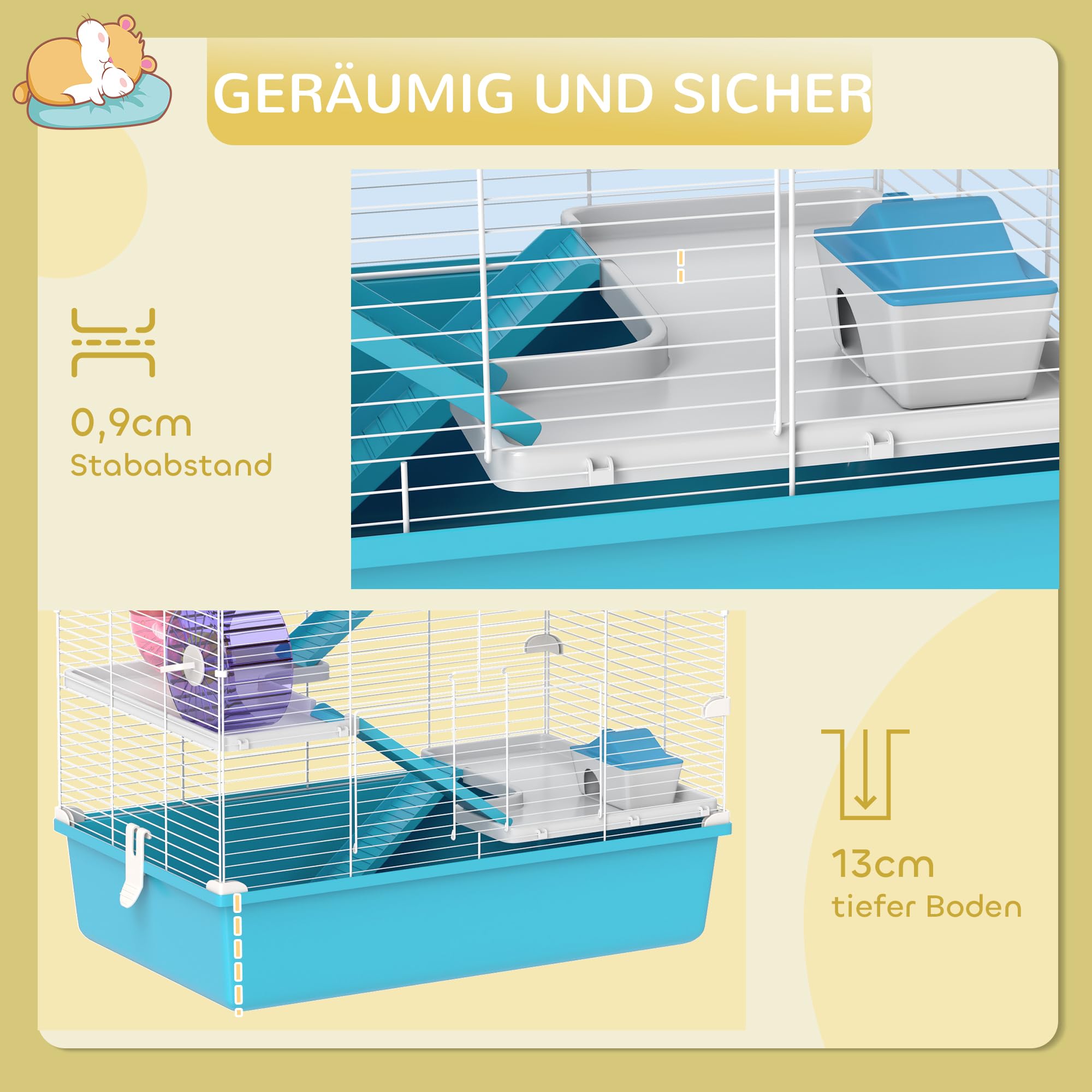 PawHut Hamsterkäfig 6 Etagen Nagerkäfig Kleintierkäfig aus Metallgitter mit Röhren, Tunnels, Hütte, Laufrad, Futterschale, Wasserflasche, Rampen, für Zwerghamster, Gerbils, 58 x 36 x 81 cm Hellblau