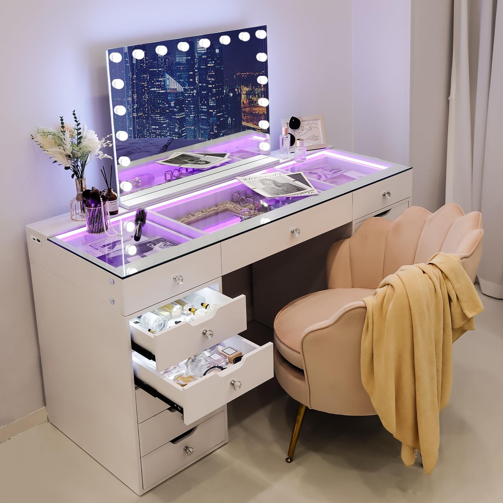 VANITII Vanity Desk with Lights RGB Color Changing Desktop White Makeup Desk with Lighted Drawers Dressing Table with 13 Storage Type C & USB Charger