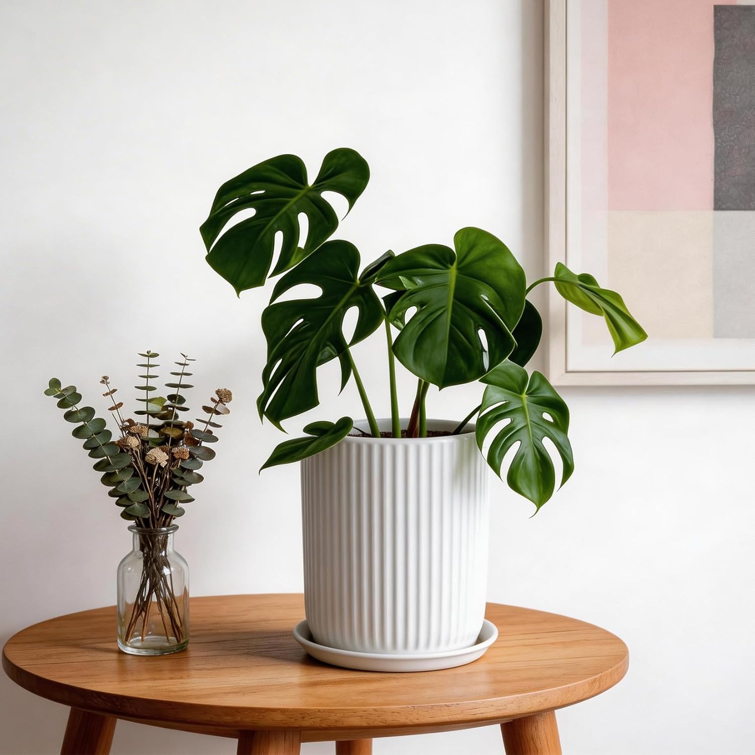 Deep Dream 8 Inch Ceramic Pots for Plants, Plant Pot for Indoor Outdoor Plants, Large Plant Pot with Drainage Hole and Saucer, Modern Flower Pot, Gifts for Plant Lovers, White