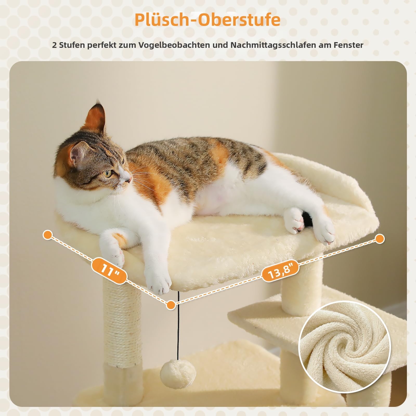 PETEPELA Tiragraffi per gatti da appartamento, 88 cm, con ampia superficie superiore, cuccia privata e colonna tiragraffi in sisal, tappetino tiragraffi per gatti da appartamento, beige