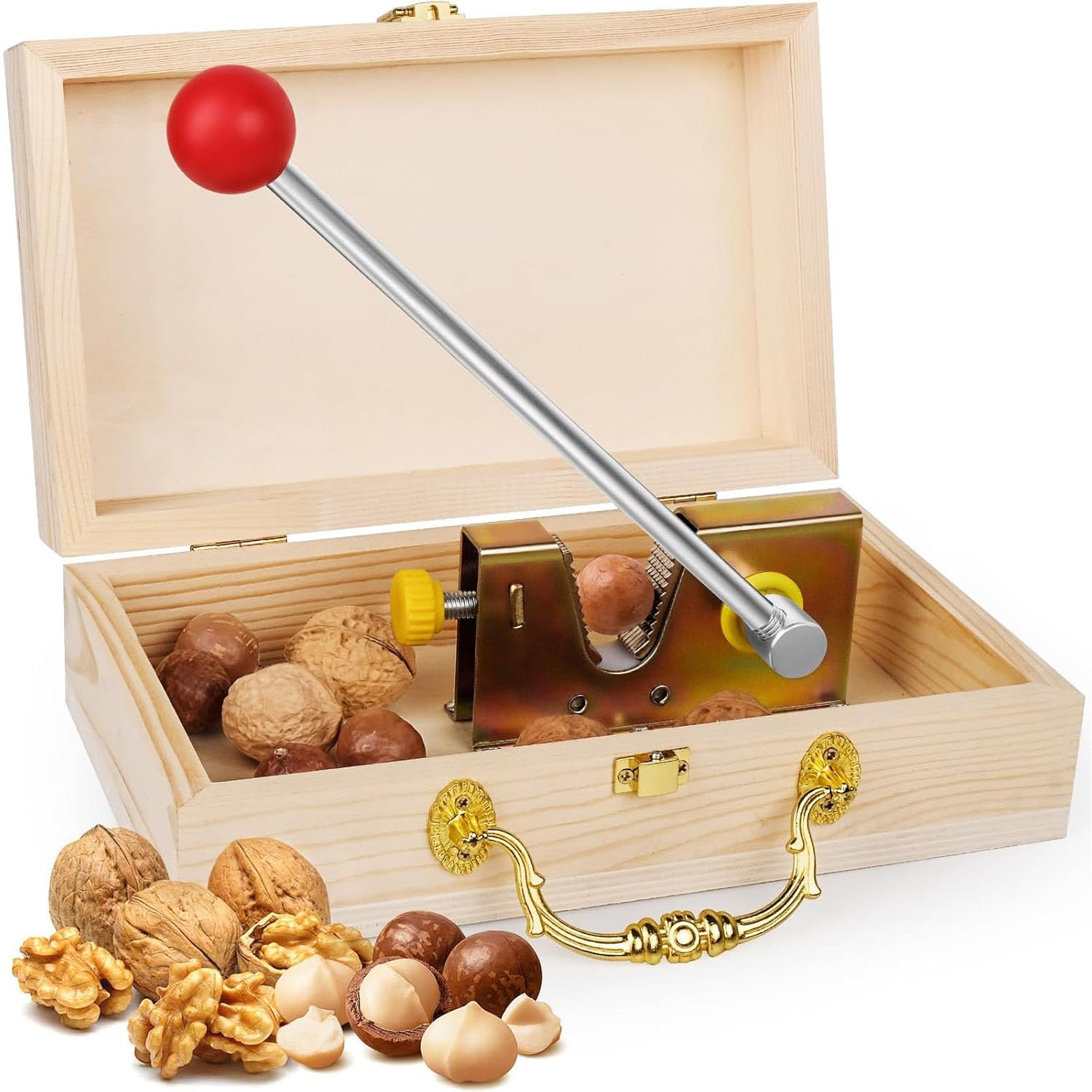 Casse-noix robuste avec pince réglable et boîte cadeau en bois, tranchant et facile à utiliser pour noix, noix de pécan, macadamia, noisettes et châtaignes