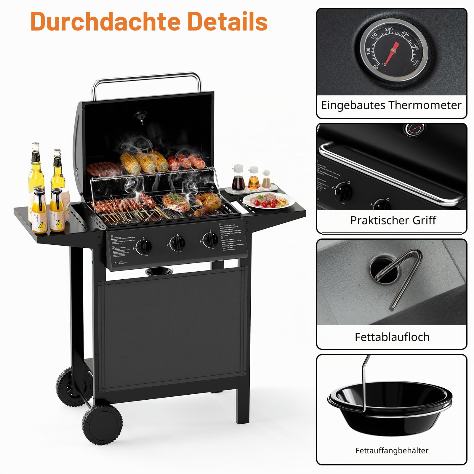 KOMFOTTEU Gasgrill mit 3 Brennern & Thermometer, 24.000 BTU, Außengrill mit 2 Seitenplatten, Grillrost, 2 Rollen, Gartengrill für Camping, Hof, 106 x 47 x 98 cm
