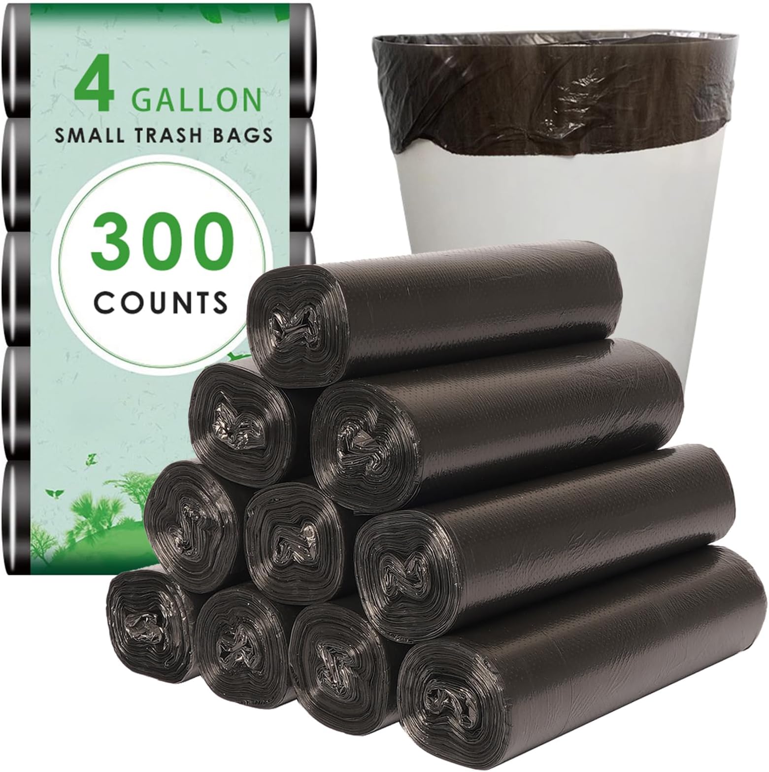 4 Gallon Small Trash Bags 300 Counts, Durable Small