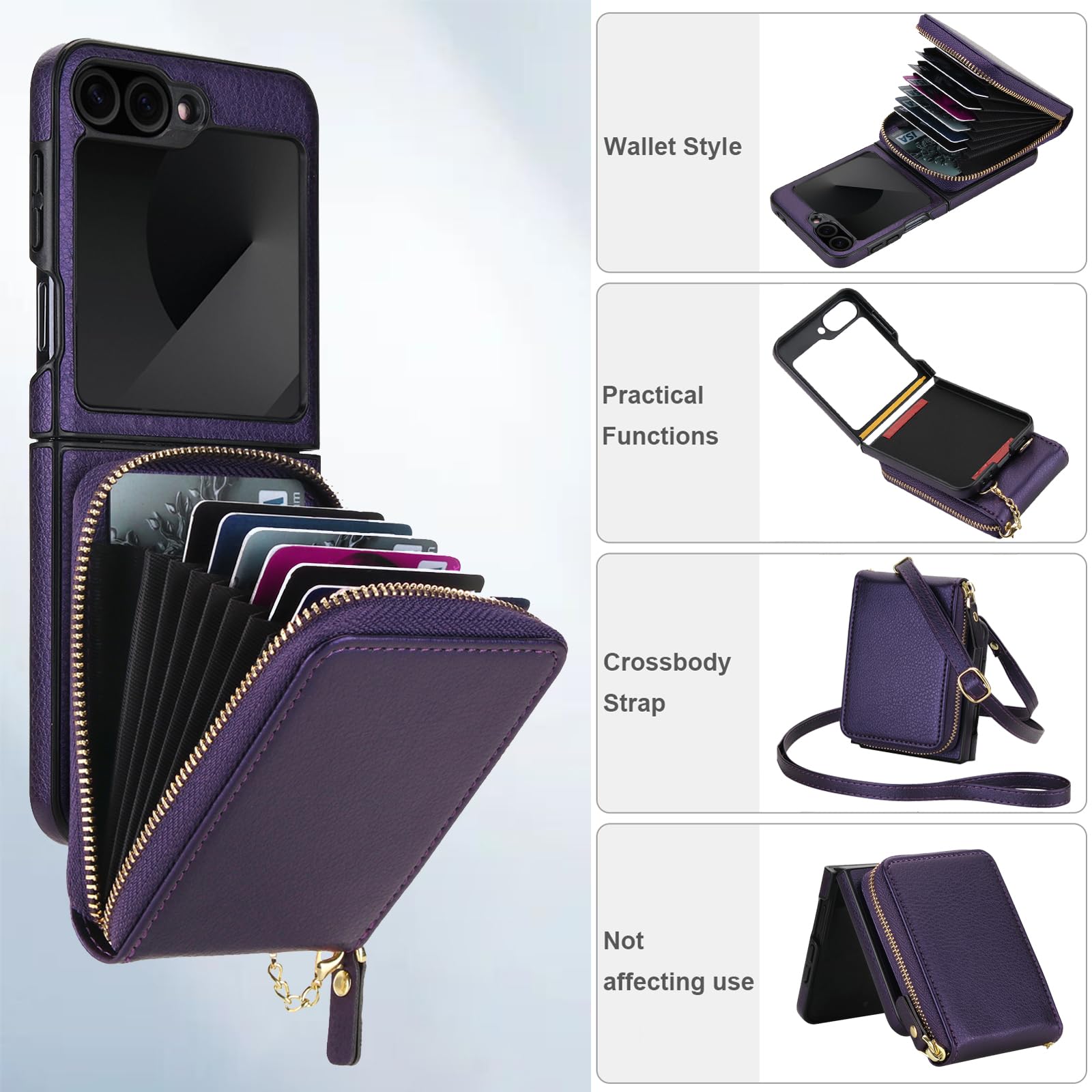 Asuwish Custodia per Samsung Galaxy Z Flip 6/Z Flip 7 FE 5G 2 in 1 Custodia magnetica a portafoglio con tracolla a tracolla blocco RFID porta carte di credito Z6 G Flip6 ZFlip Flip7 da donna viola