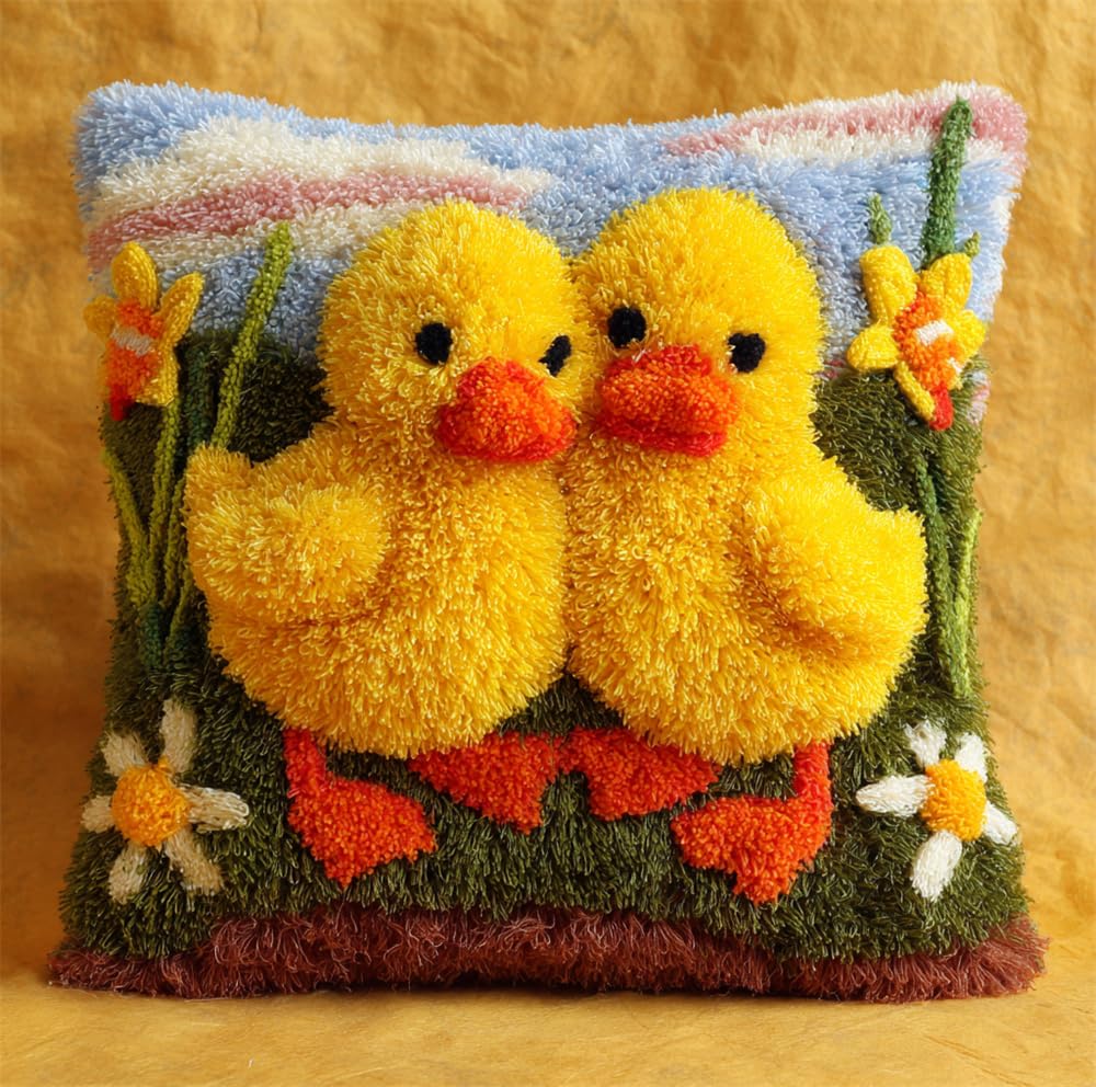 Taxpy Latch Hook Pillow Kit for Adults &, Little Yellow Ducks DIY Pre-Printed Cross-Stitch Embroidery Canvas Craft, 17X17 Inch Decorative Throw Pillow Cover for Sofa Cushions, Bedroom Decor